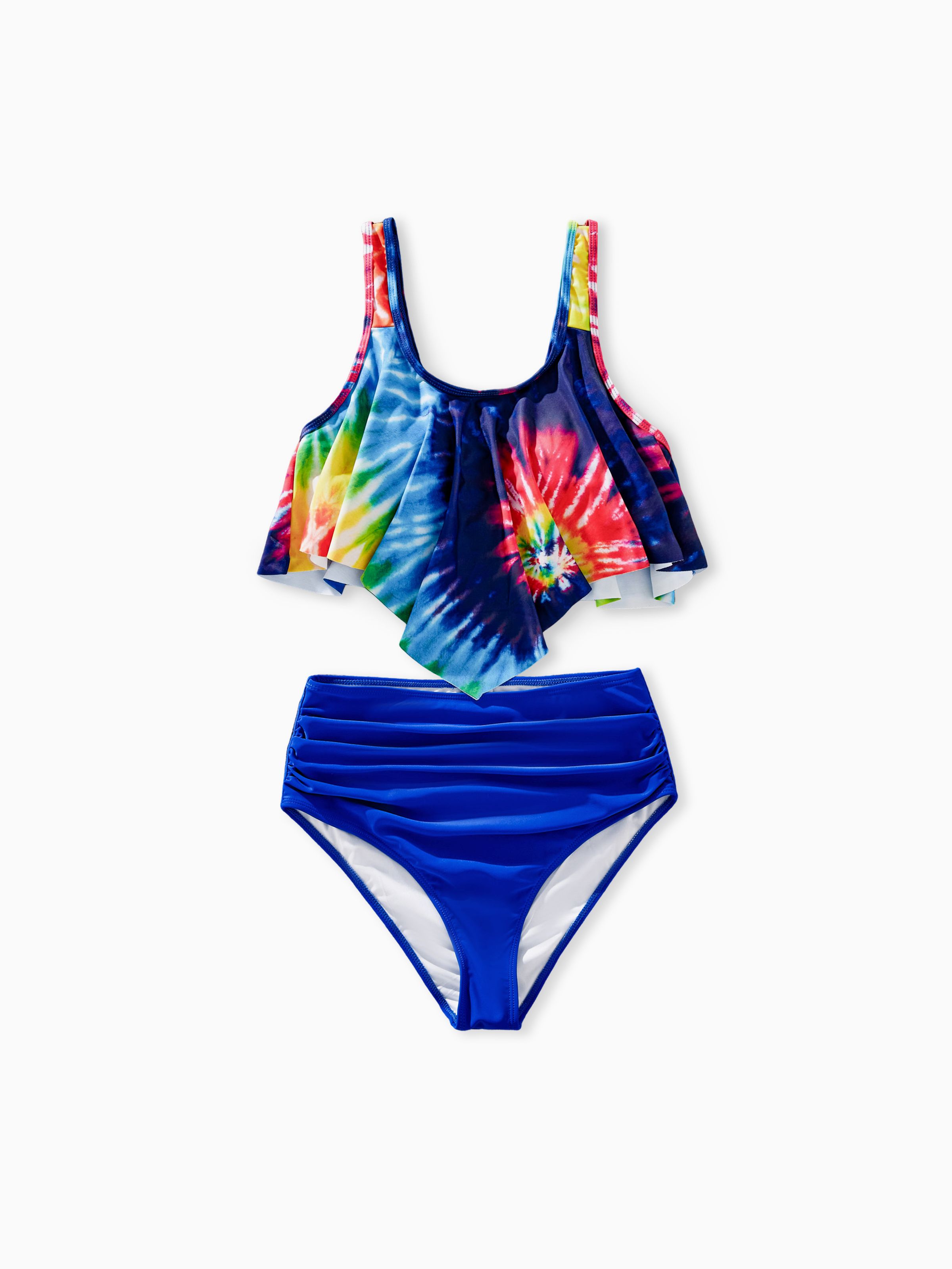 

Casual Tie-Dyed Family Swimwear with Ruffle Edge, Medium Thickness, Opaque, Regular Fit - Polyester and Spandex Blend.