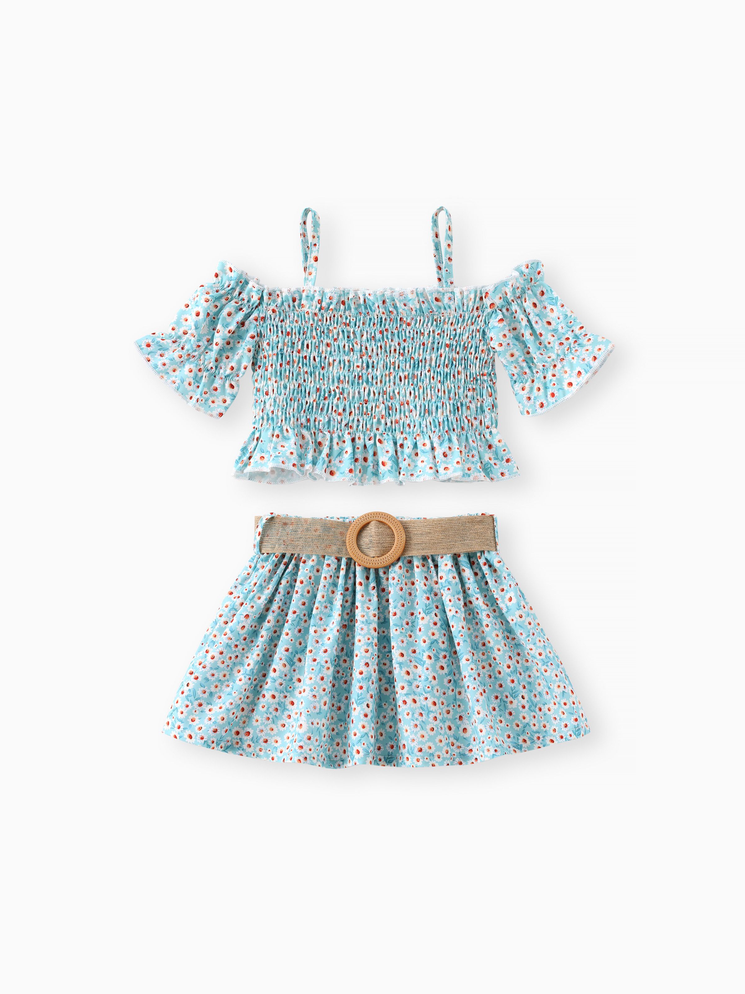 

2pcs Toddler Girl Sweet Floral Print Smocked Camisole and Skirt & Belt Set