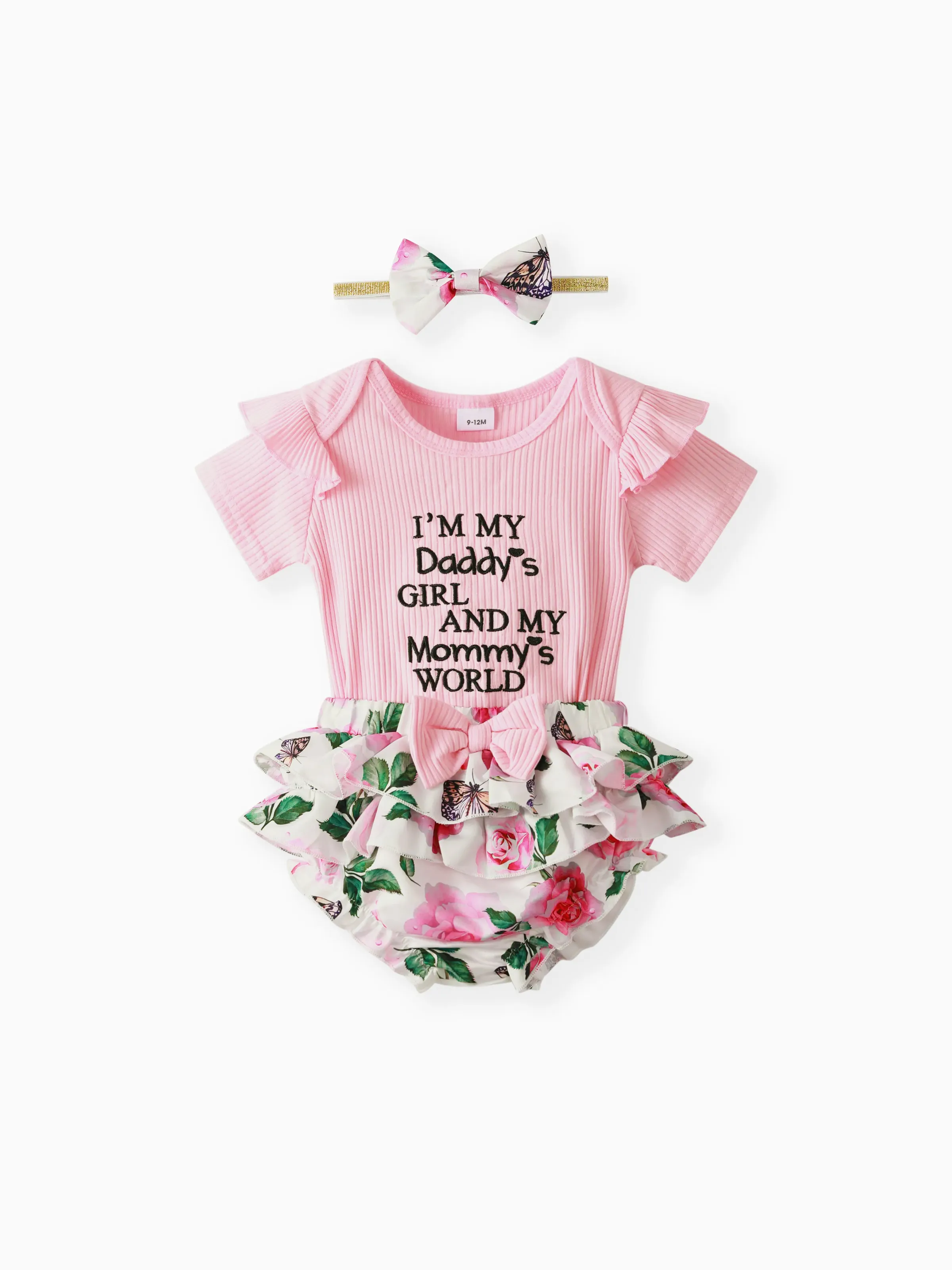 

3pcs Baby Girl 95% Cotton Ribbed Ruffle Short-sleeve Letter Embroidery Romper and Floral Print Layered Shorts with Headband Set