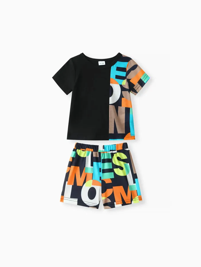 Conjunto de camiseta y pantalones cortos de empalme negro con estampado de letras de manga corta de 2 piezas para bebé niño 95% algodón