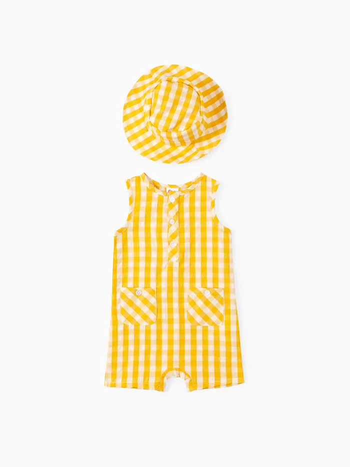 Bebê menino 2pcs macacão de impressão de grade com chapéu