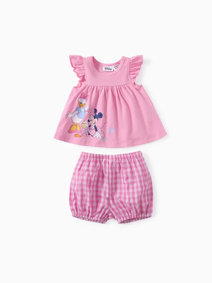 迪士尼米奇和朋友們嬰兒/幼兒女孩 2 件棉質字元印花荷葉邊袖上衣搭配格紋短褲套裝