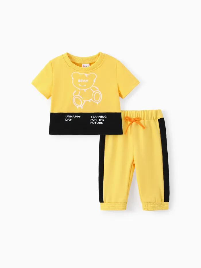 Bébé garçon 2pcs lettre imprimée colorblock tee-shirt et pantalon ensemble