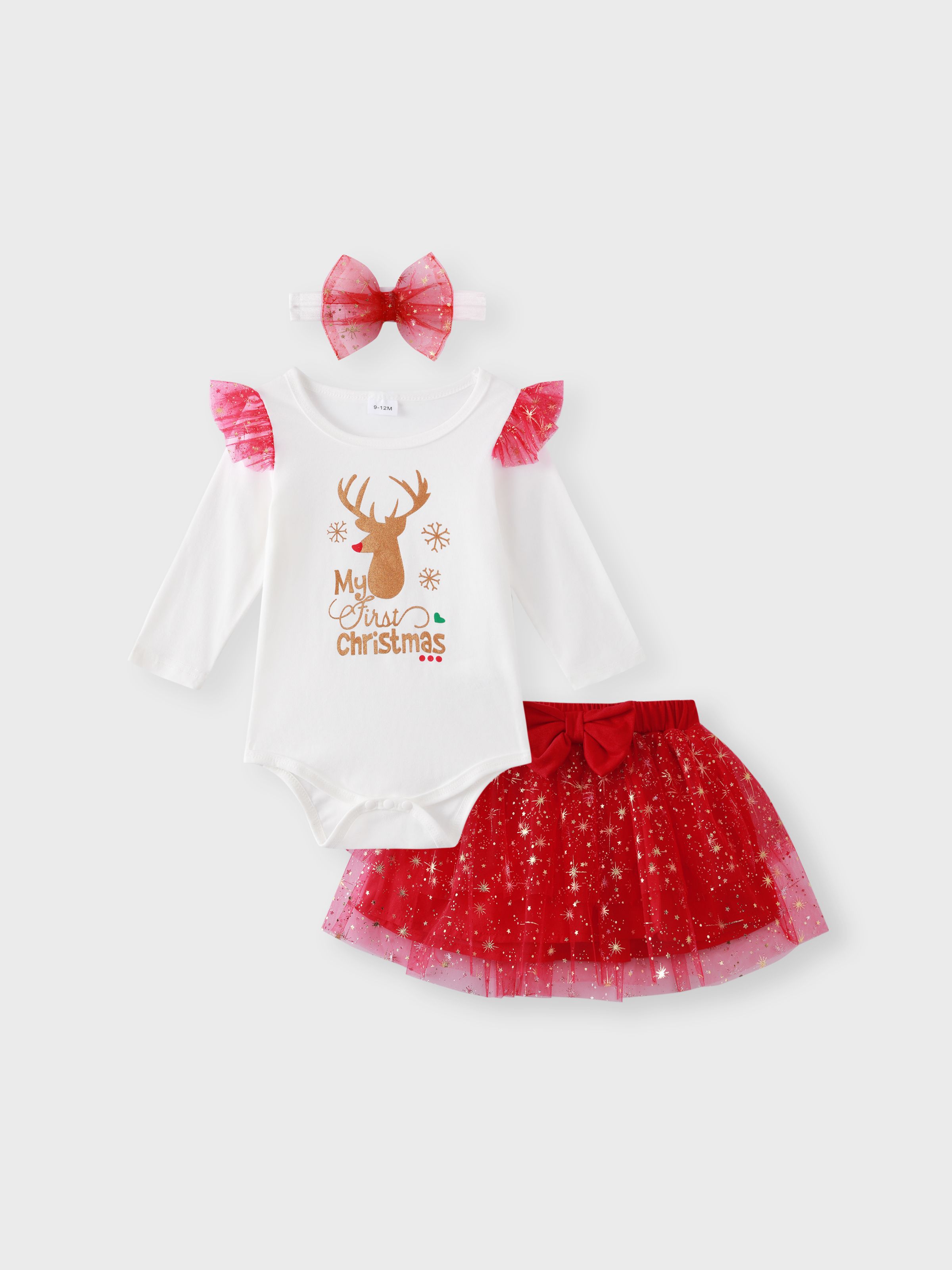 

Christmas 3pcs Baby Girl Reindeer & Letter Print Ruffle Long-sleeve Romper and Glitter Mesh Skirt with Headband Set