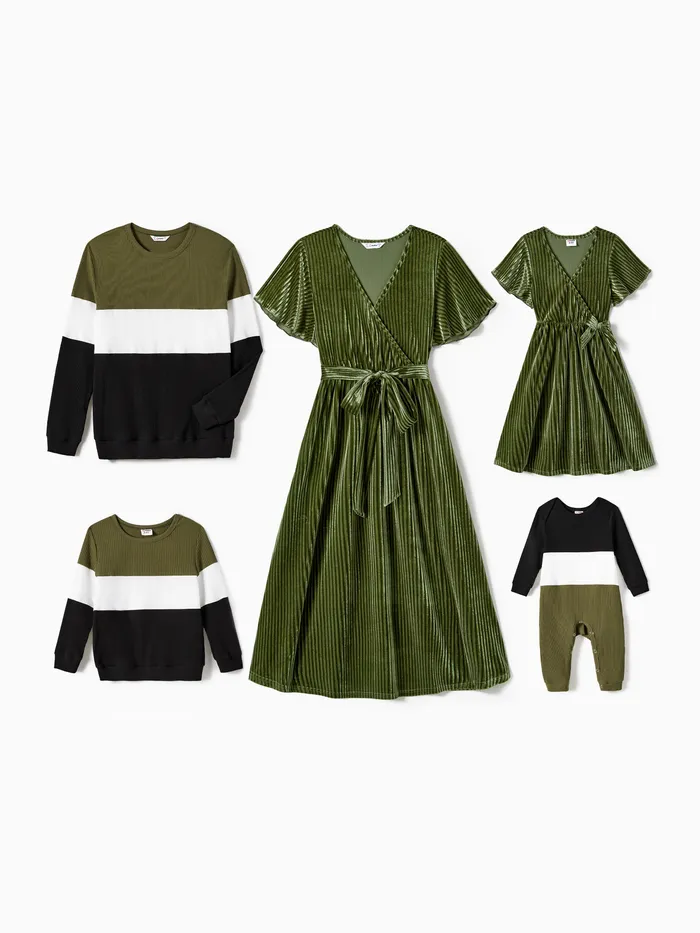 Family Matching Ribeed Solid Belted Dresses And Long Sleeve Colorblock Tops Sets