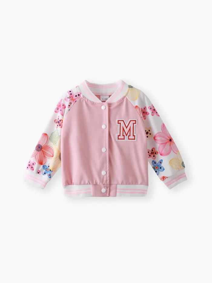 Baby Girl Floral Print Raglan-sleeve Letter Embroidered Button Front Bomber Jacket