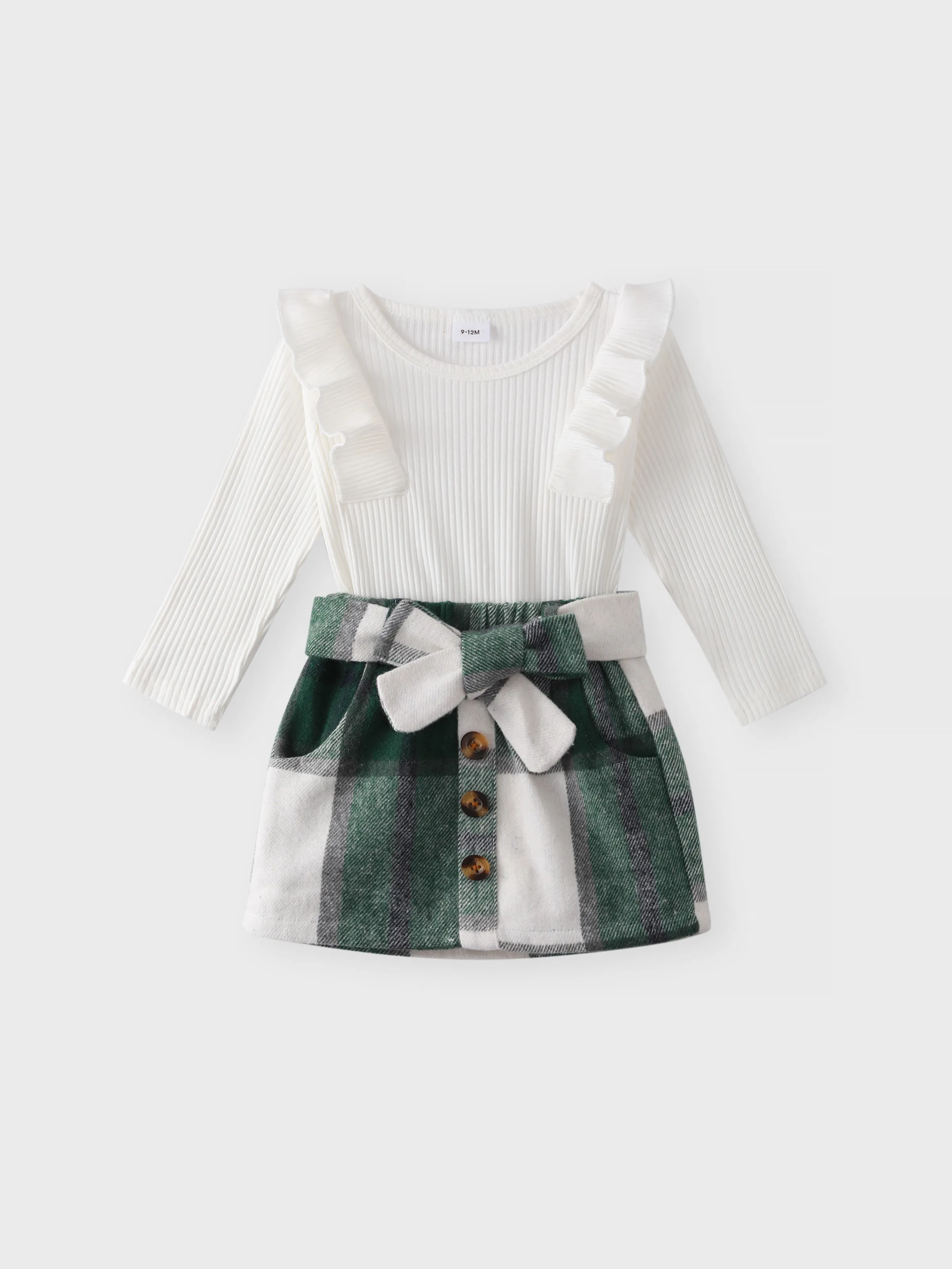 

2pcs Baby Girl Solid Rib Knit Ruffle Trim Long-sleeve Romper and Button Front Plaid Belted Skirt Set