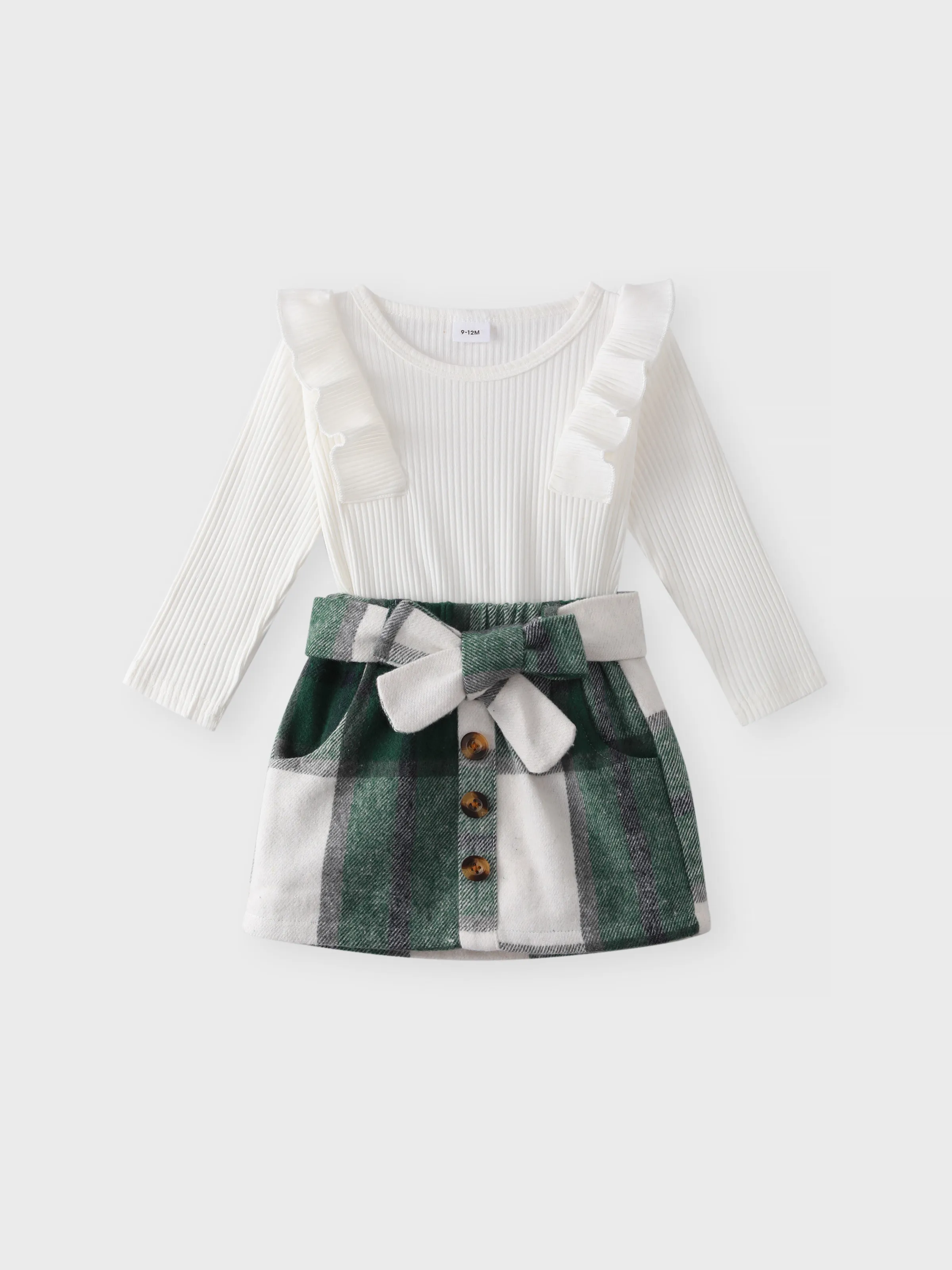 2pcs Baby Girl Solid Rib Knit Ruffle Trim Long-sleeve Romper and Button Front Plaid Belted Skirt Set