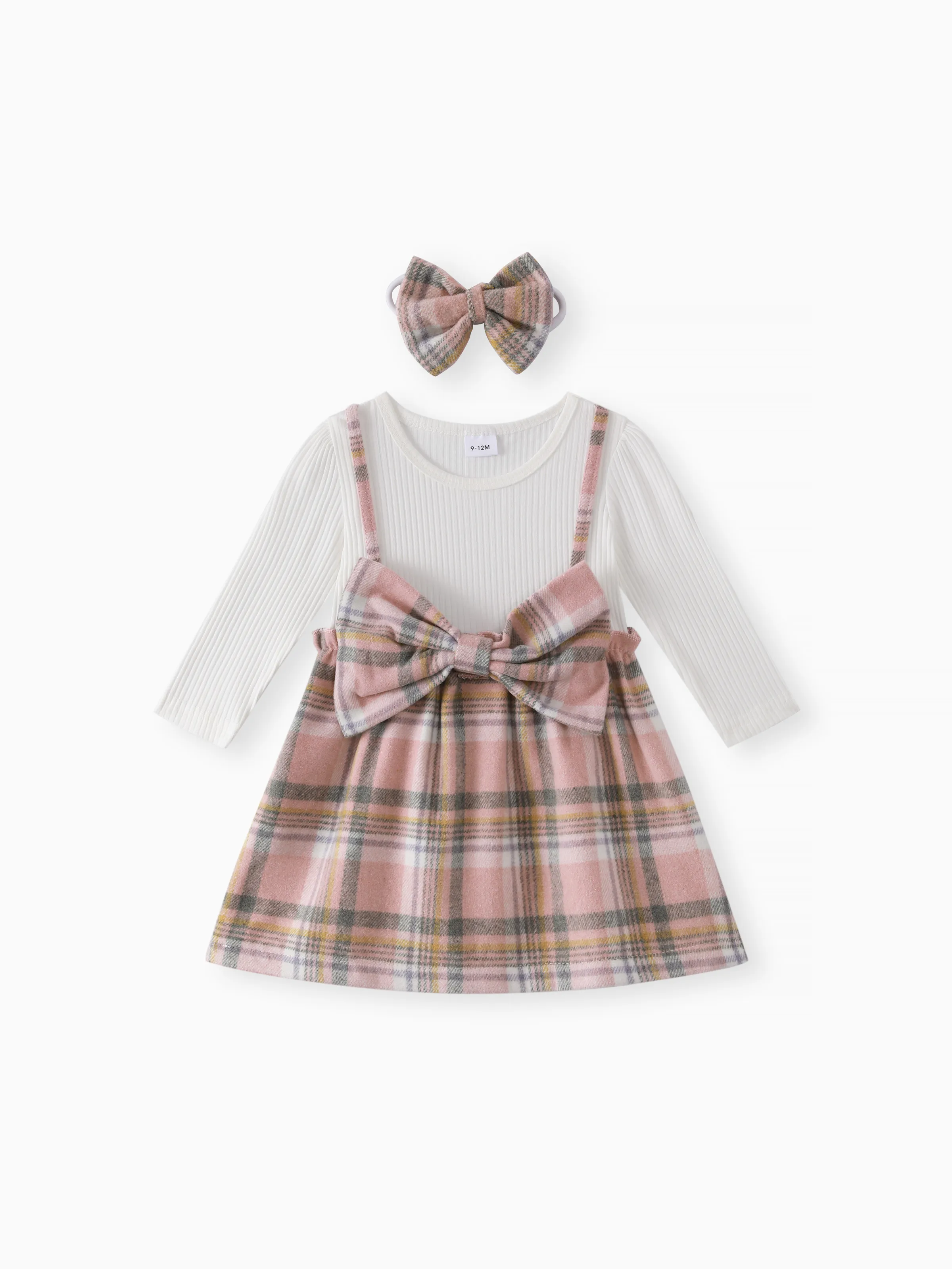 

Baby 2pcs White Ribbed Splicing Pink Plaid Bowknot Long-sleeve Faux-two Dress Set