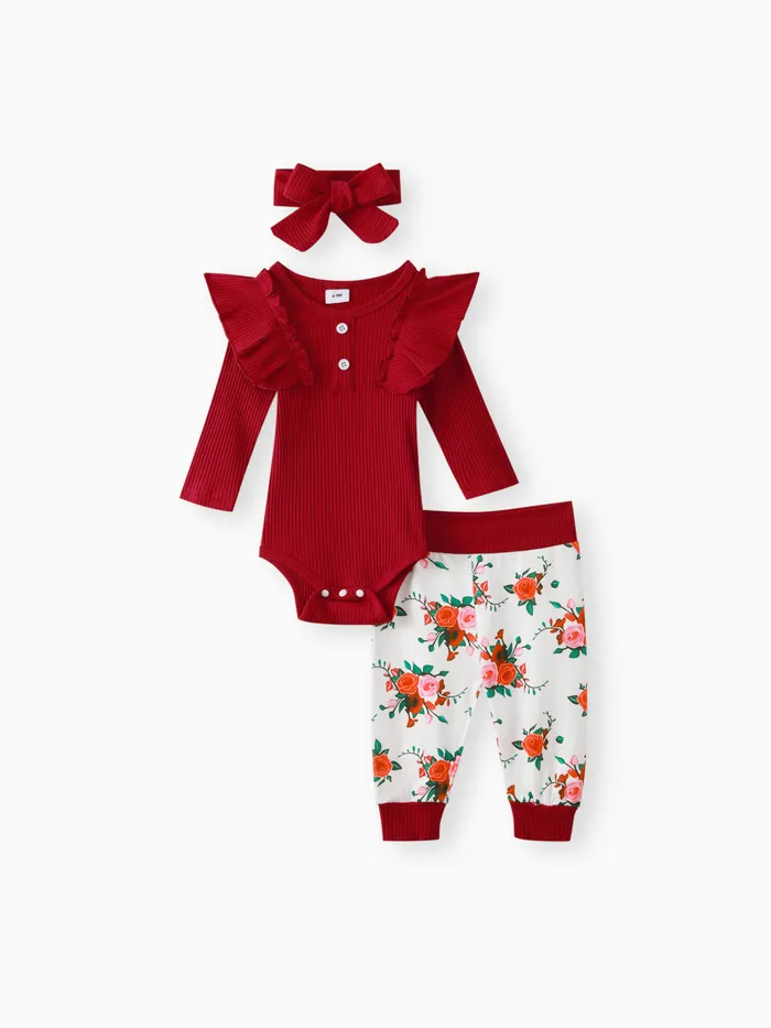 Baby Girl 3pcs Ribbed Rose Floral Print Long Sleeve Romper Set