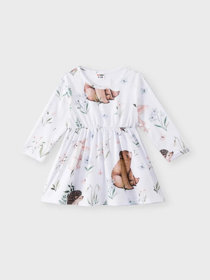 Baby Girl Animals and Plants Print White Long-sleeve Dress