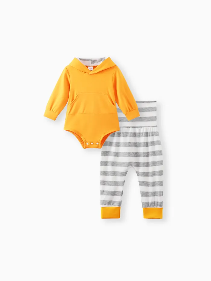 2pcs Solid Long-sleeve Hooded Romper and Stripe Trouser Baby Set