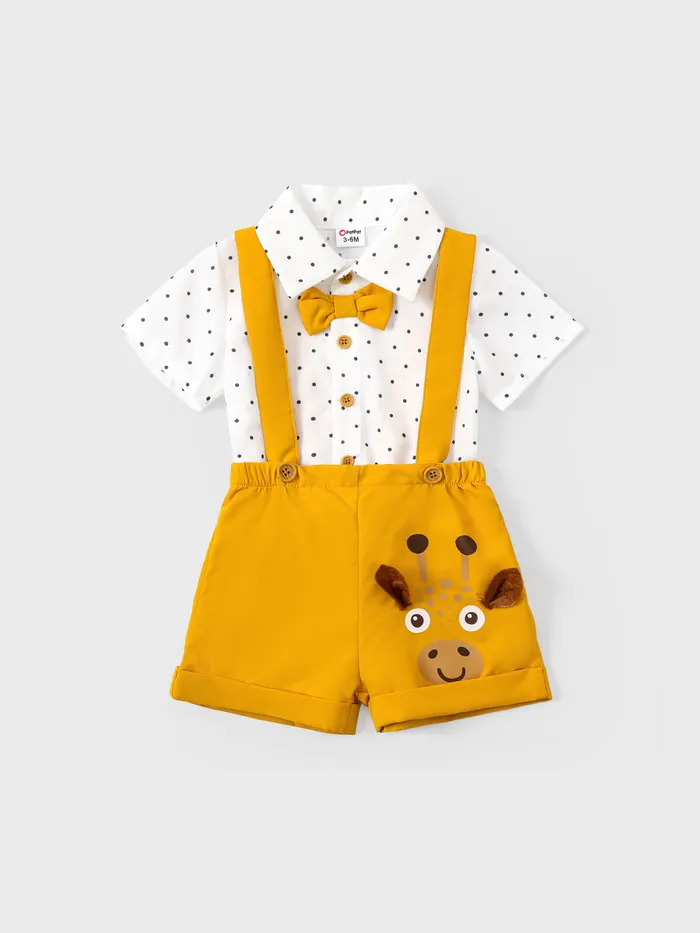 Baby Boy 2pcs Polka Dots Bowknot Shirt and  Giraffe Print Overall Shorts Set