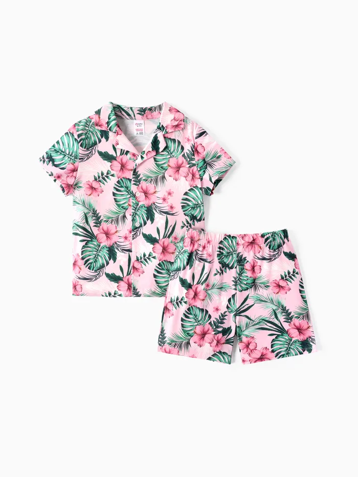 Kid Boy 2pcs Plantas Tropicais Estampa Pijama Camisa e Shorts Set