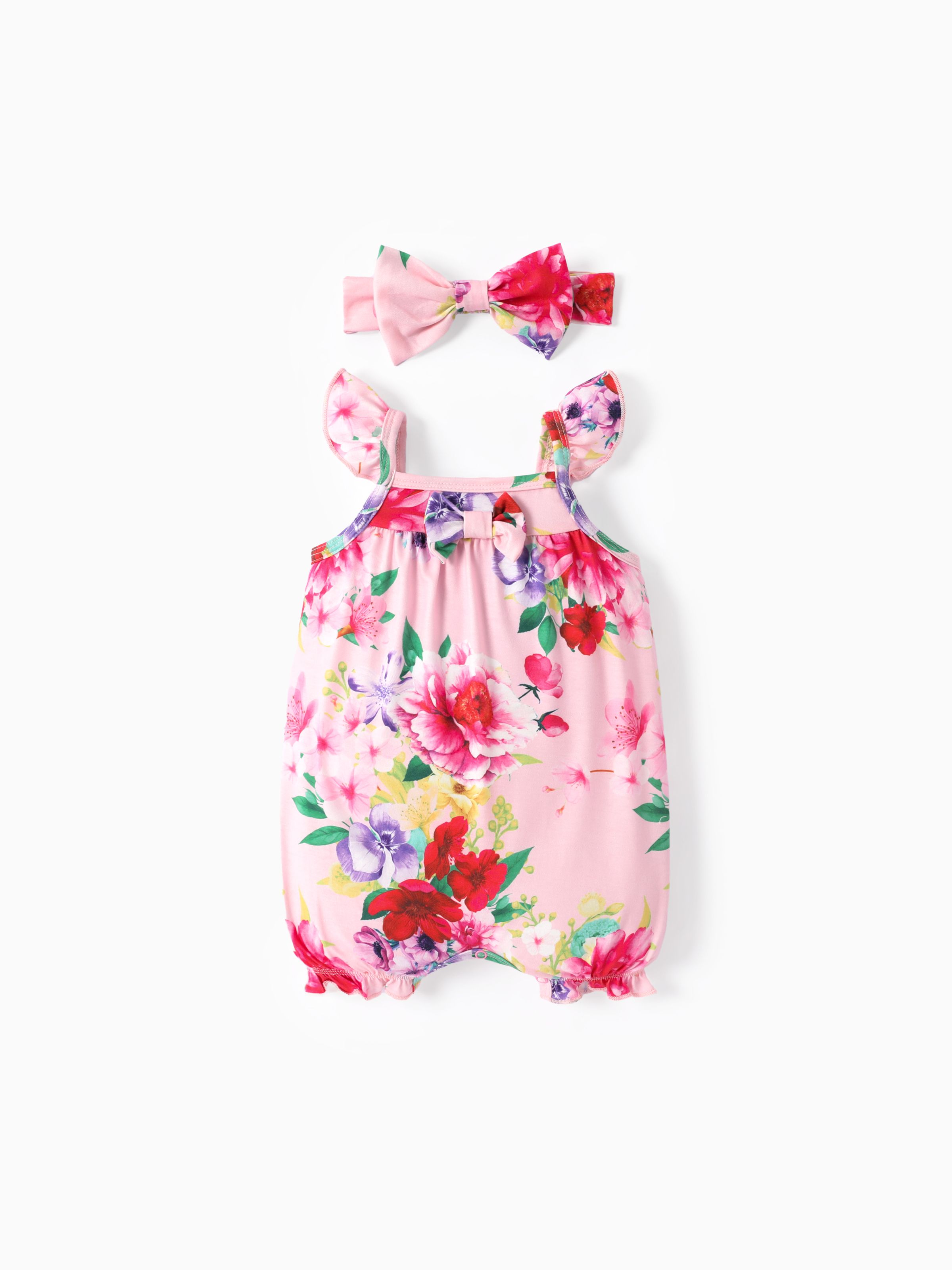 

Baby Girl 2pcs Floral Pattern Flutter-sleeve Romper with Headband
