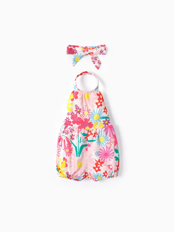Baby Girl Sweet Floral Print Halter Jumpsuit with Headband