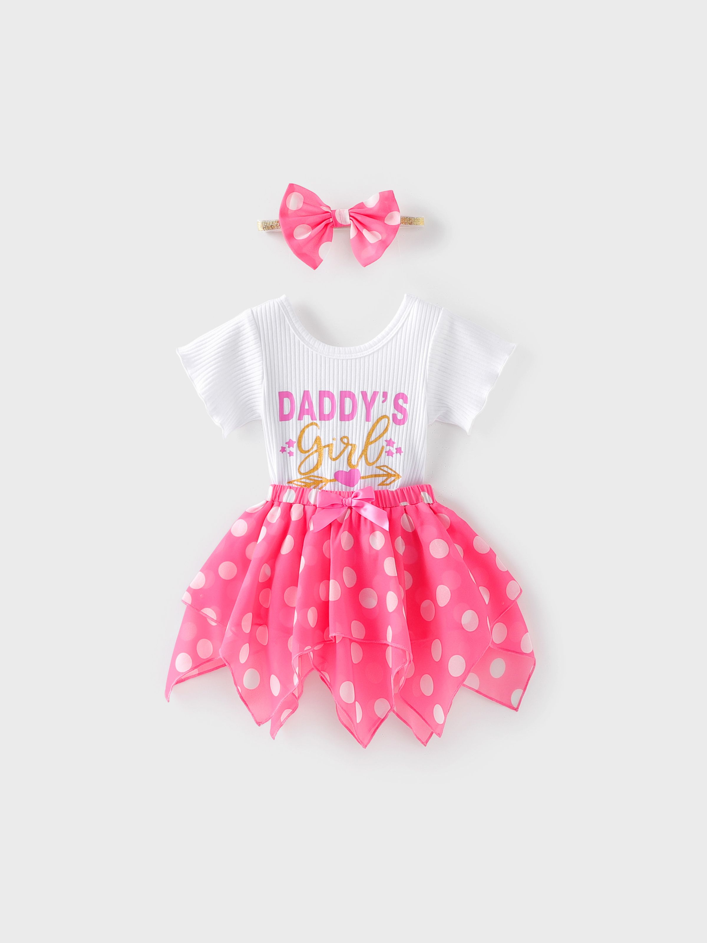 

Baby Girl 3pcs Letter Print Romper and Polka dots Skirts and Headband Set