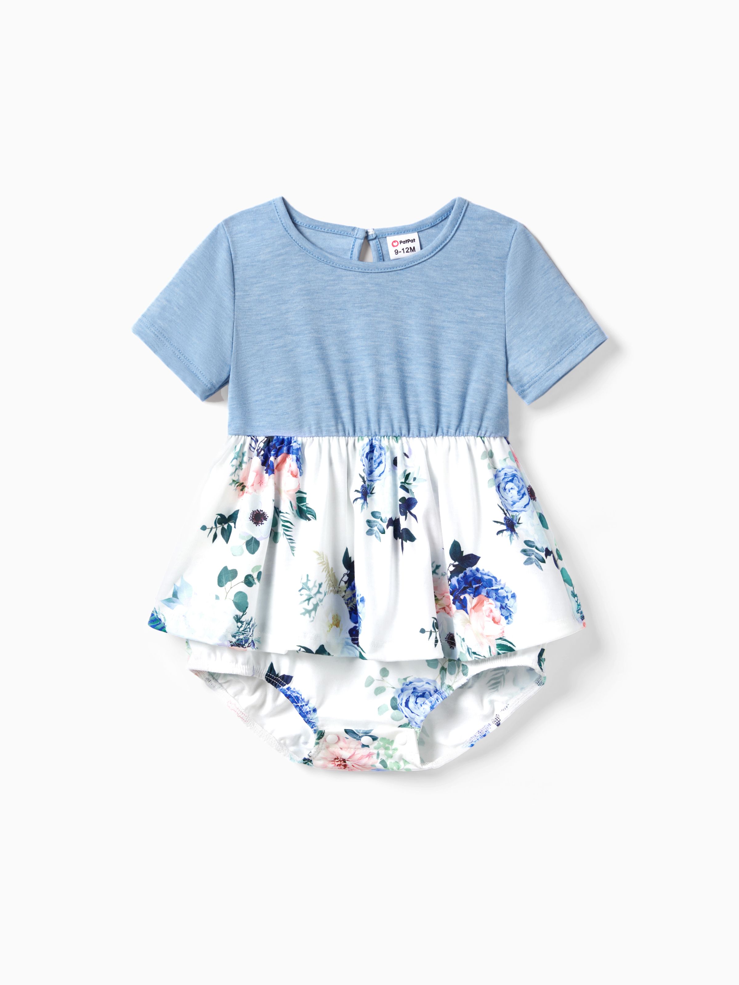 

Family Matching Floral Colorblock T-Shirt and Quarter Button Belted Spliced A-Line Dress Sets