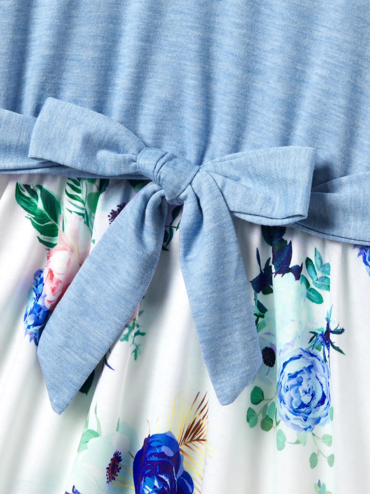 Girl - Family Matching Floral Colorblock T-Shirt and Quarter Button Belted Spliced A-Line Dress Sets - lightskyblue - image 10