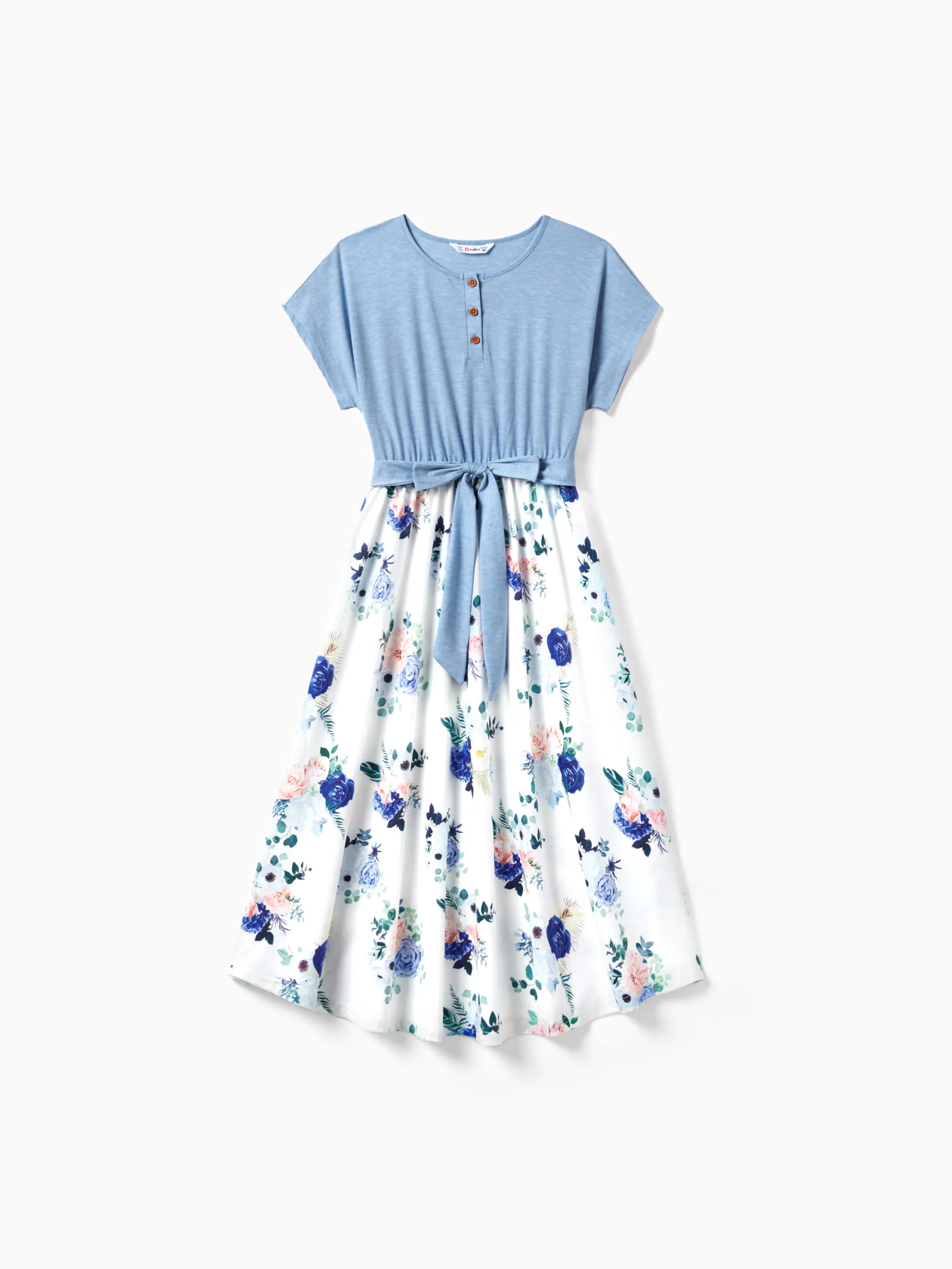 

Family Matching Floral Colorblock T-Shirt and Quarter Button Belted Spliced A-Line Dress Sets