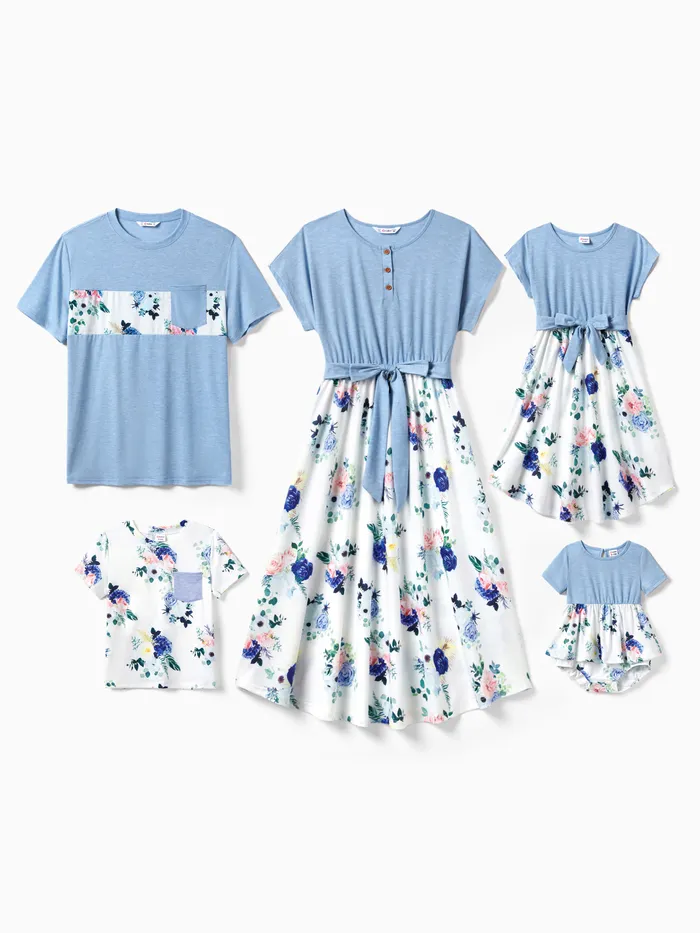 Family Matching Floral Colorblock T-Shirt and Quarter Button Belted Spliced A-Line Dress Sets