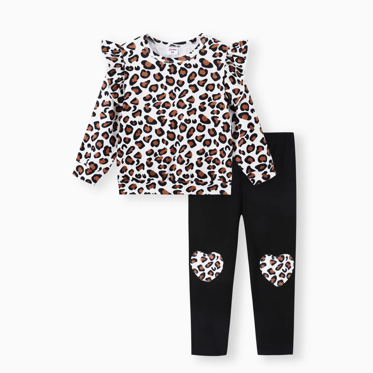 2-piece Toddler Girl Leopard Print Flutter Long-sleeve Top and Heart Pattern Pants Set