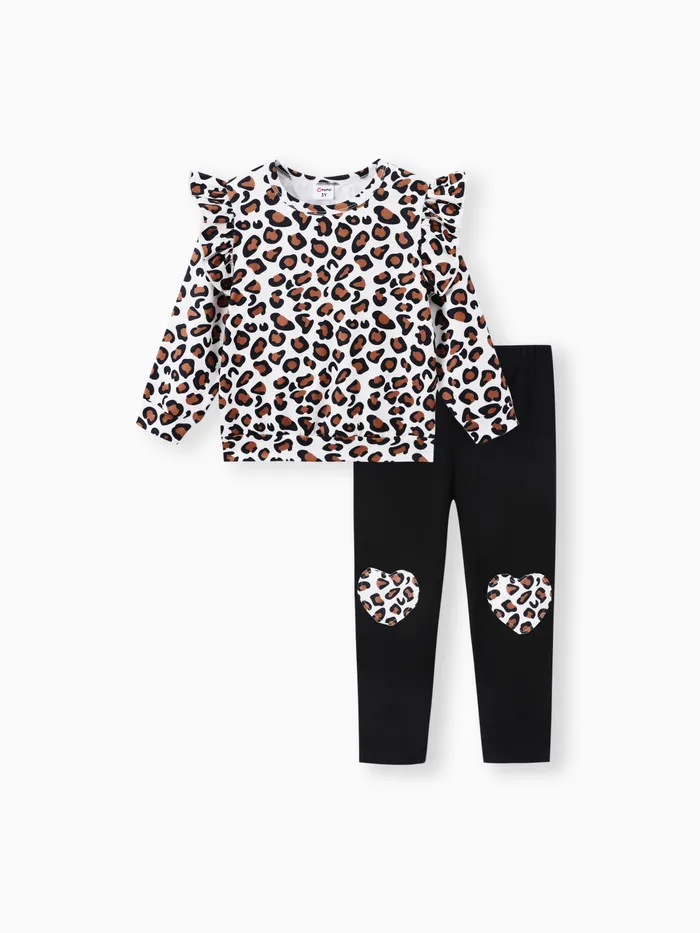 2-piece Toddler Girl Leopard Print Flutter Long-sleeve Top and Heart Pattern Pants Set