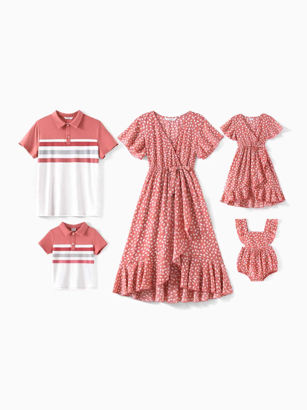 Family Matching Short-sleeve Colorblock Naia™ Polo Shirts and Allover Print V Neck Ruffle Trim Tulip Hem Dresses Sets