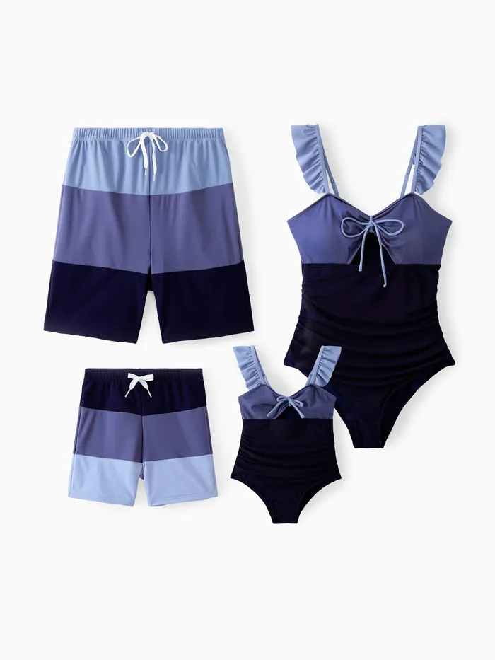 Family Matching Drawstring Swim Trunks or Ruched Bow Tie Cut Out Mesh Ruffle Strap One-Piece Swimsuit (Quick-Dry)