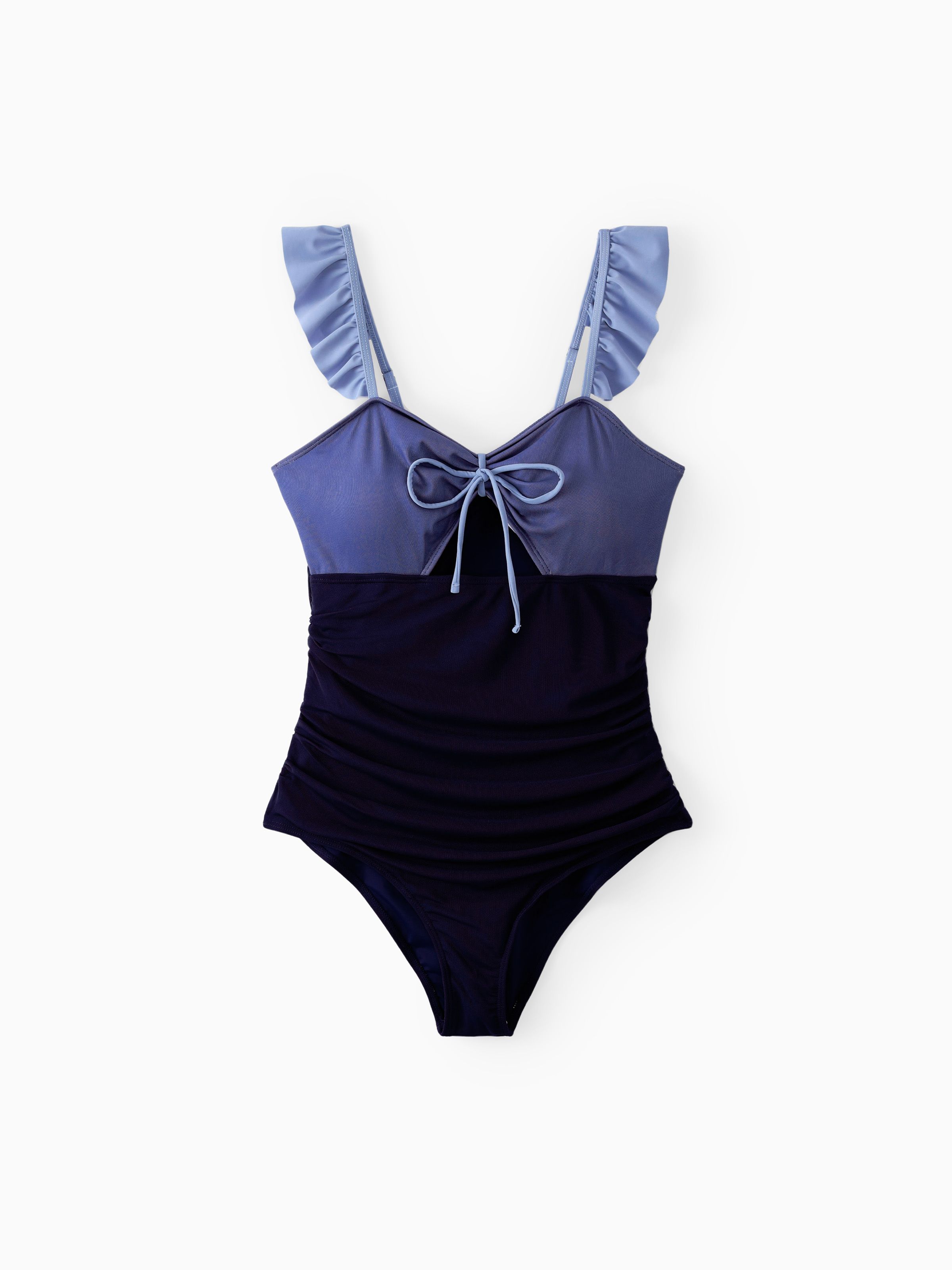 

Family Matching Drawstring Swim Trunks or Ruched Bow Tie Cut Out Mesh Ruffle Strap One-Piece Swimsuit (Quick-Dry)