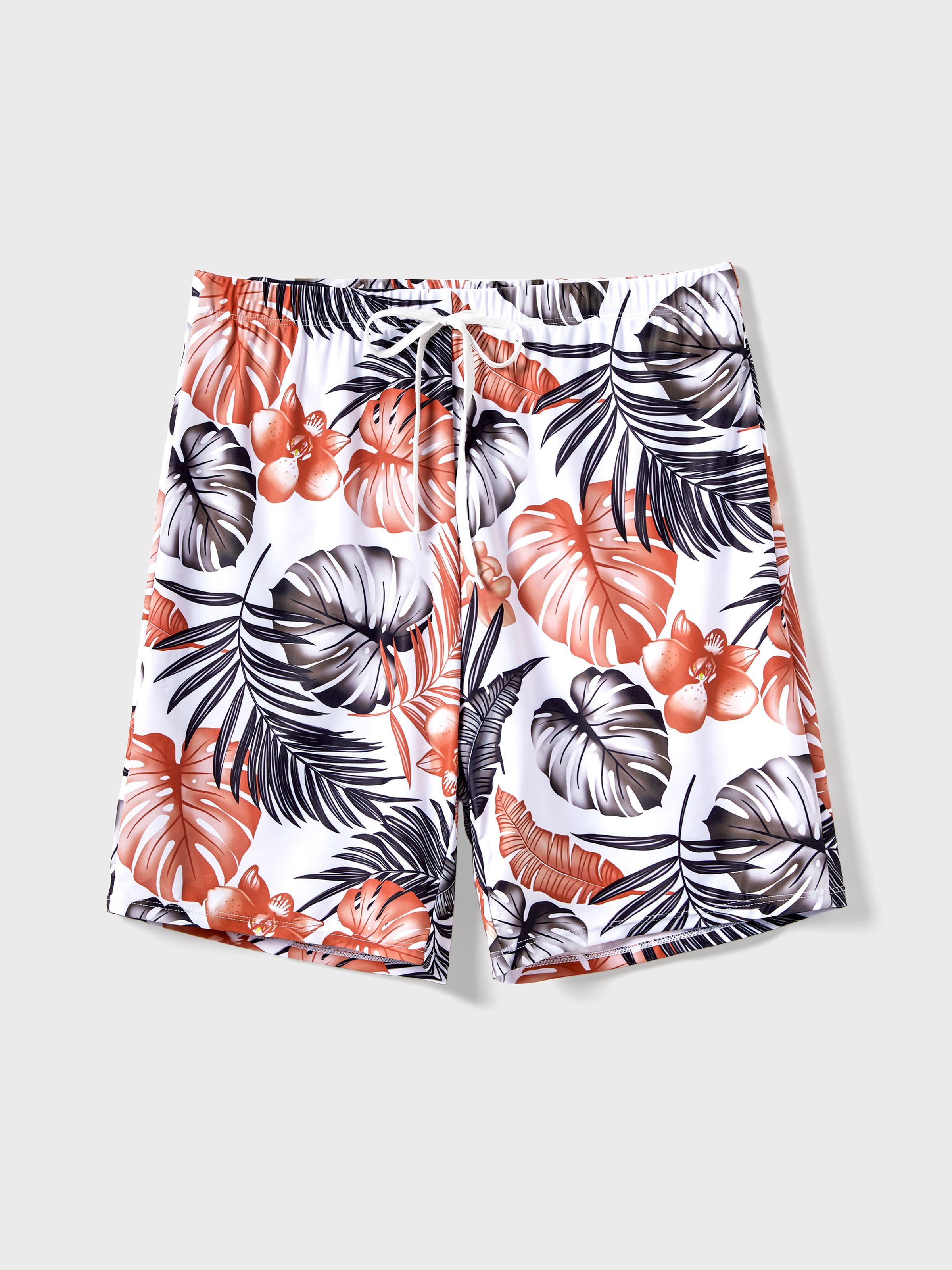 

Family Matching Floral Drawstring Swim Trunks or Color Block Wrap Side Swimsuit with Optional Swim Cover Up