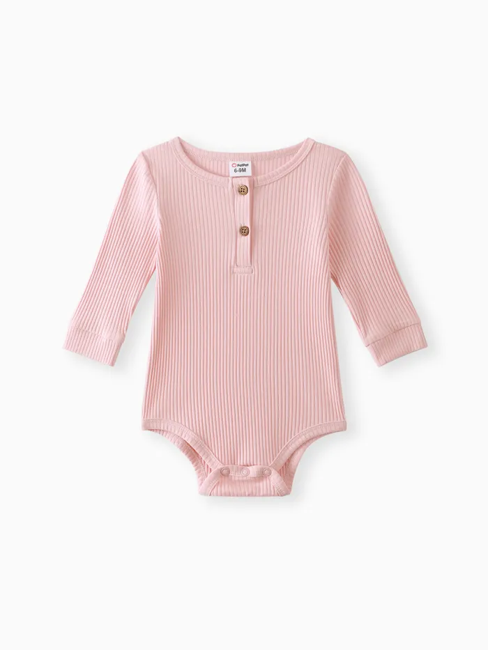 Baby Girl/Boy Cotton Button Design Solid Color Ribbed Long-sleeve Rompers