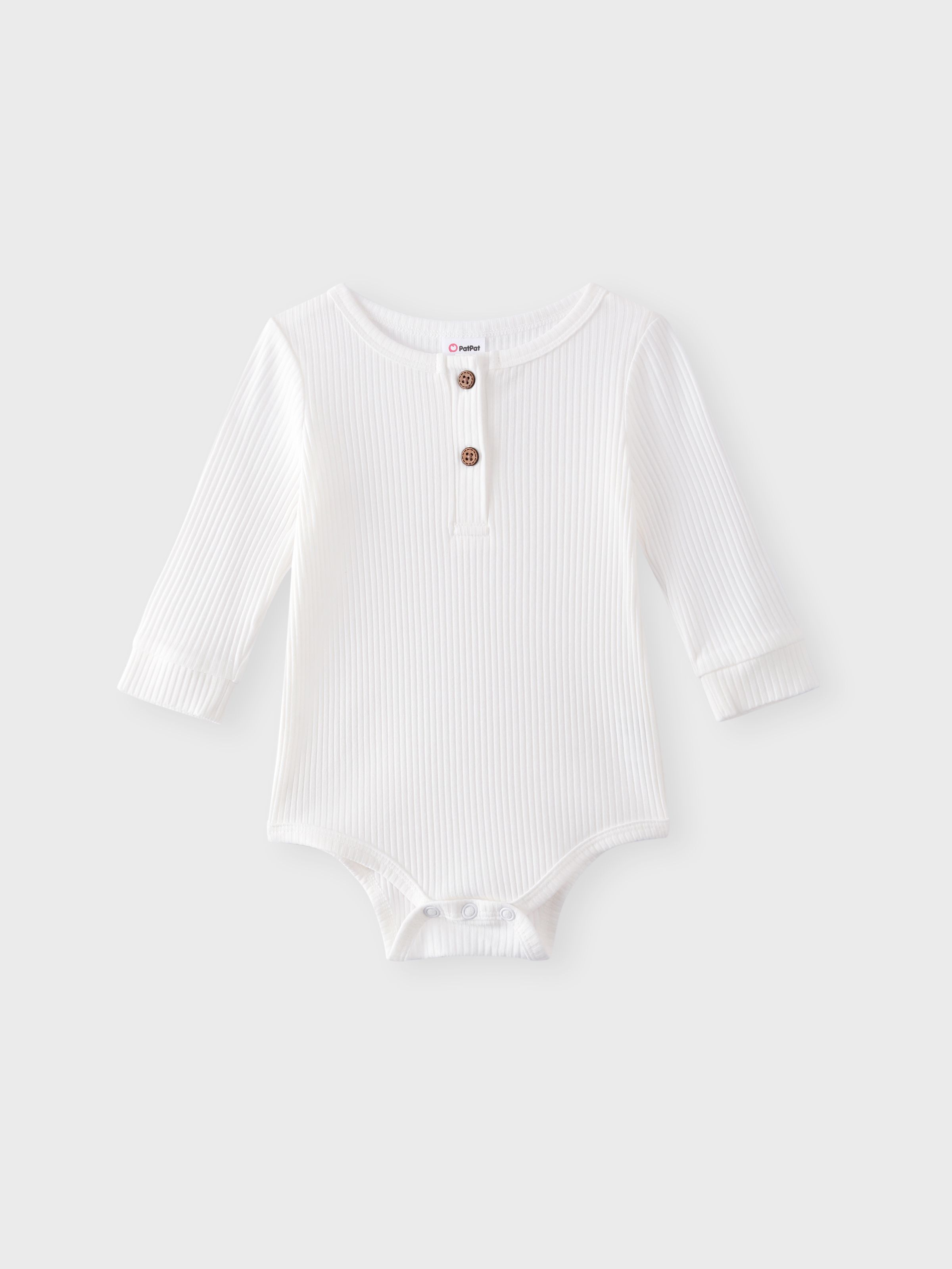 

Baby Girl/Boy Cotton Button Design Solid Color Ribbed Long-sleeve Rompers