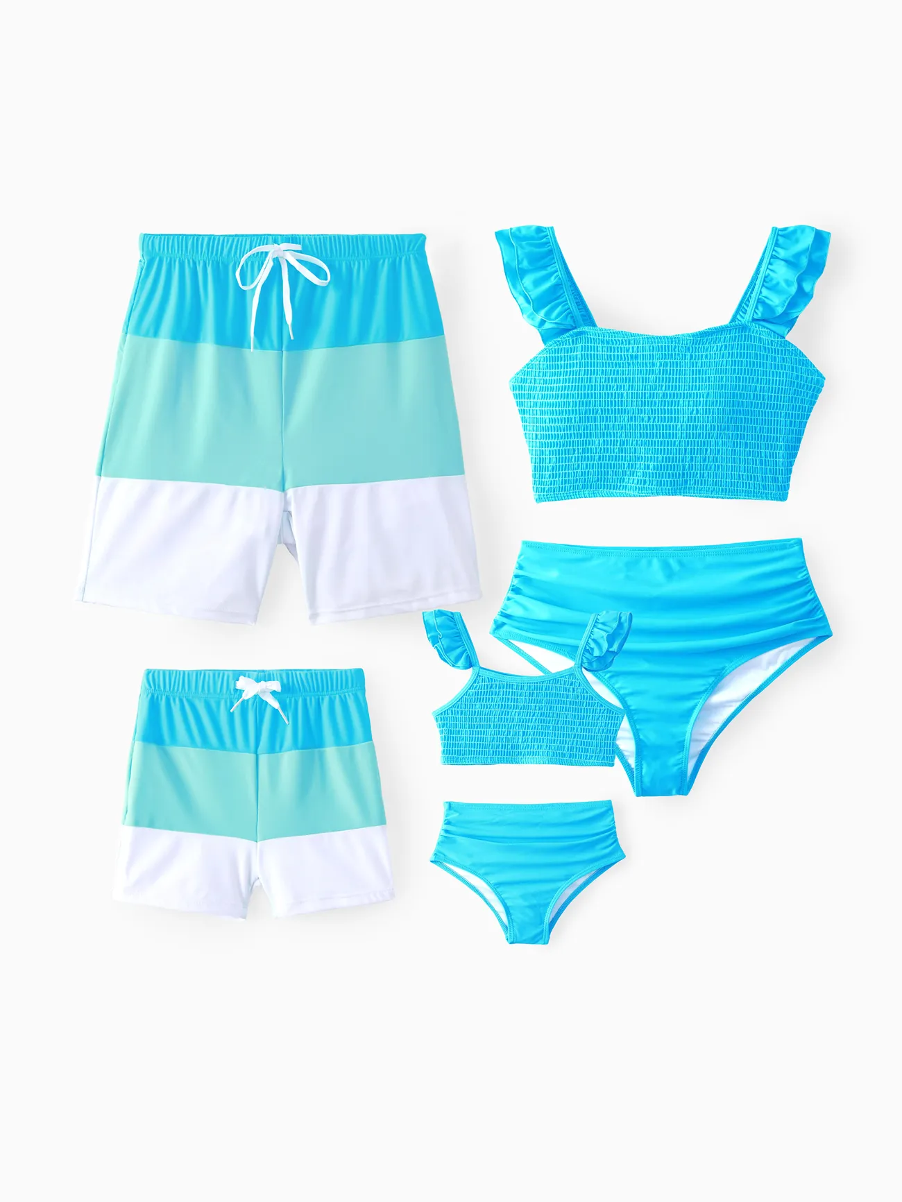 Family Matching Colorblock Swim Trunks or Shirred Ruffle Strap Two-Piece Swimsuit 