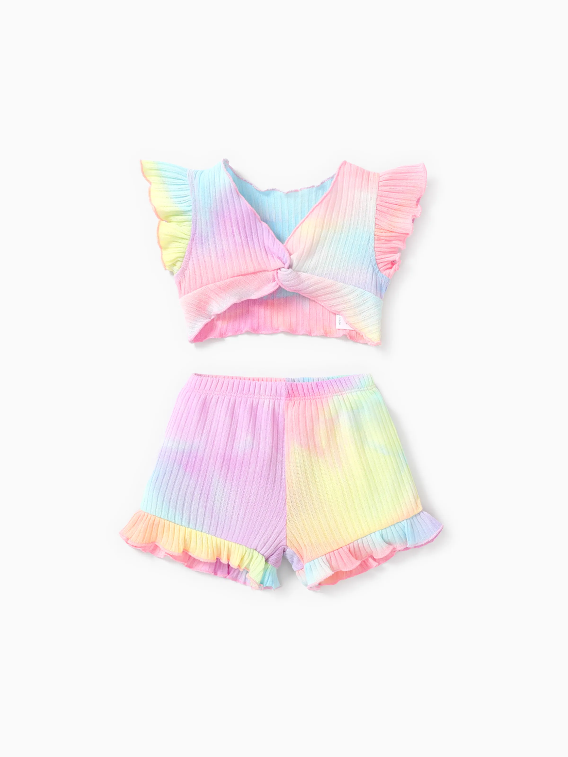 

2pcs Baby Girl Tie Dye Twist Knot Front Flutter-sleeve Top and Ruffle Trim Shorts Set