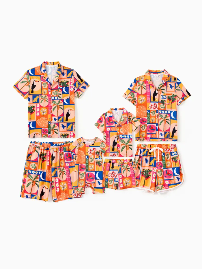 Family Matching Allover Tropical Printed Vacation Pajamas (ทนไฟ)