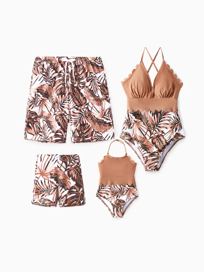 Family Matching Floral Drawstring Swim Trunks or Shell Edge Spliced One-Piece Strap Swimsuit