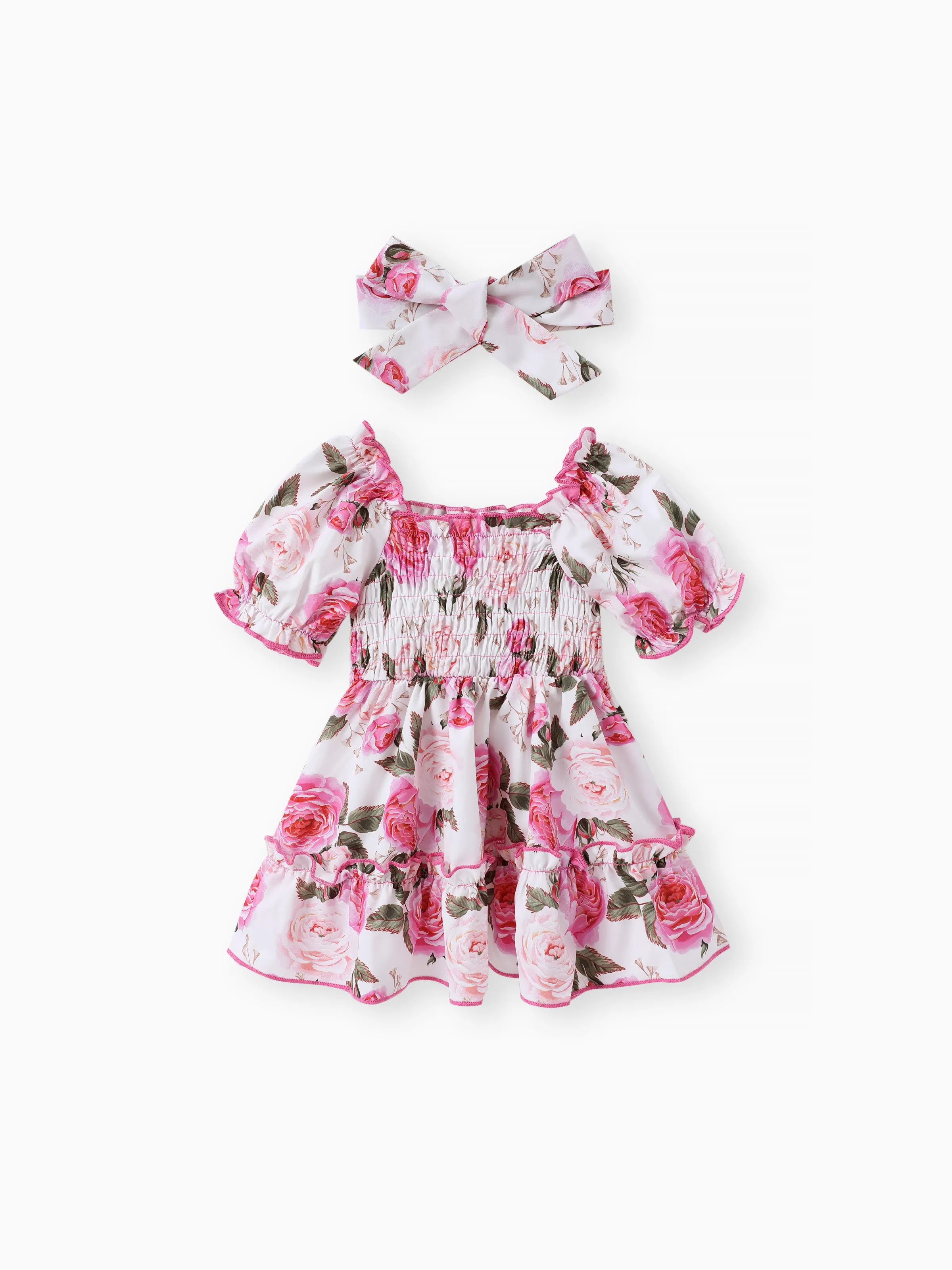 

Baby Girl 2pcs Floral Pattern Puff Sleeves Ruffled Dress and Headband Set