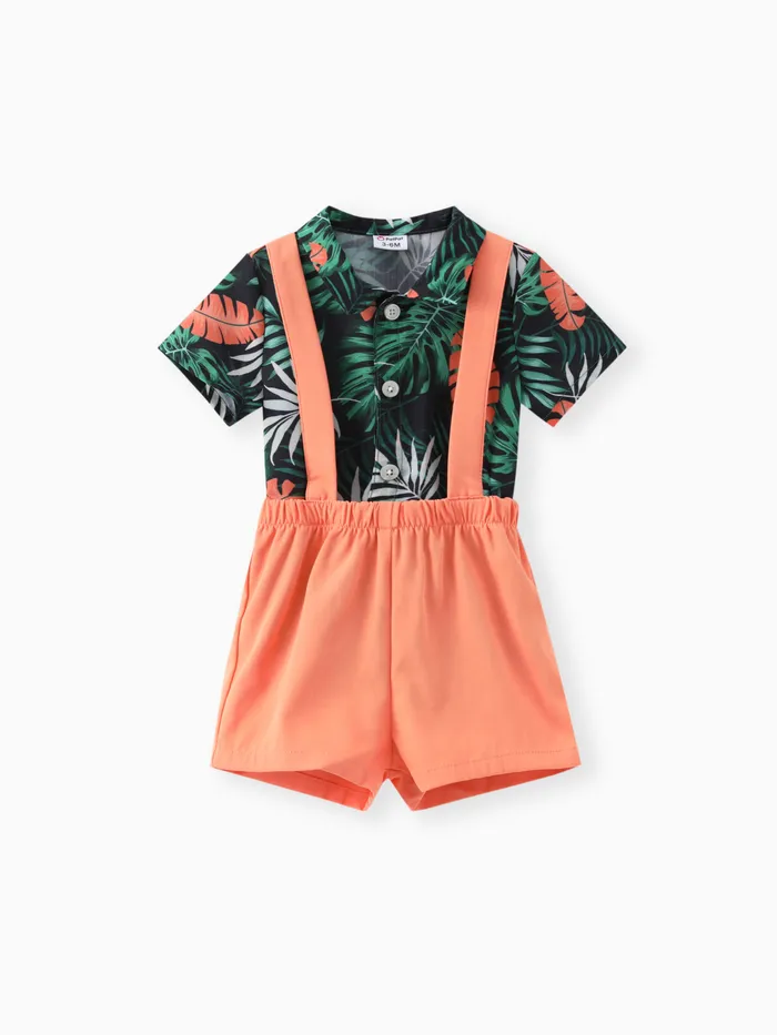 Baby Boy Square-Cut Collar Tropical Floral Print Romper and Overall Shorts Set