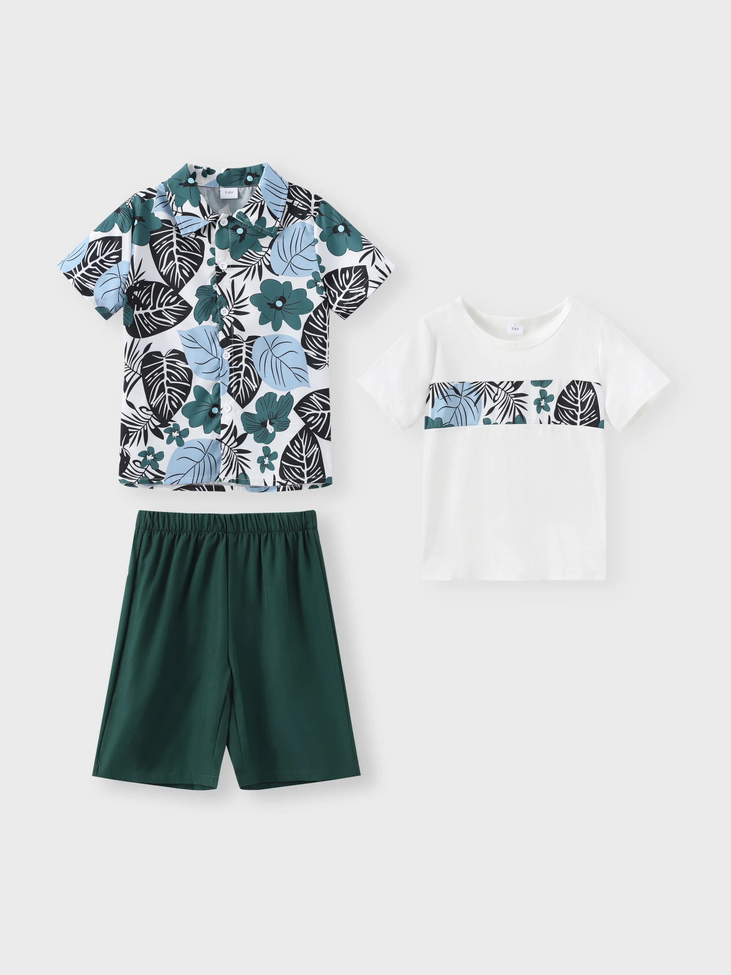 3pcs Kid Boy Tropical Plant Print Short-sleeve Shirt & Top & Solid Shorts Set