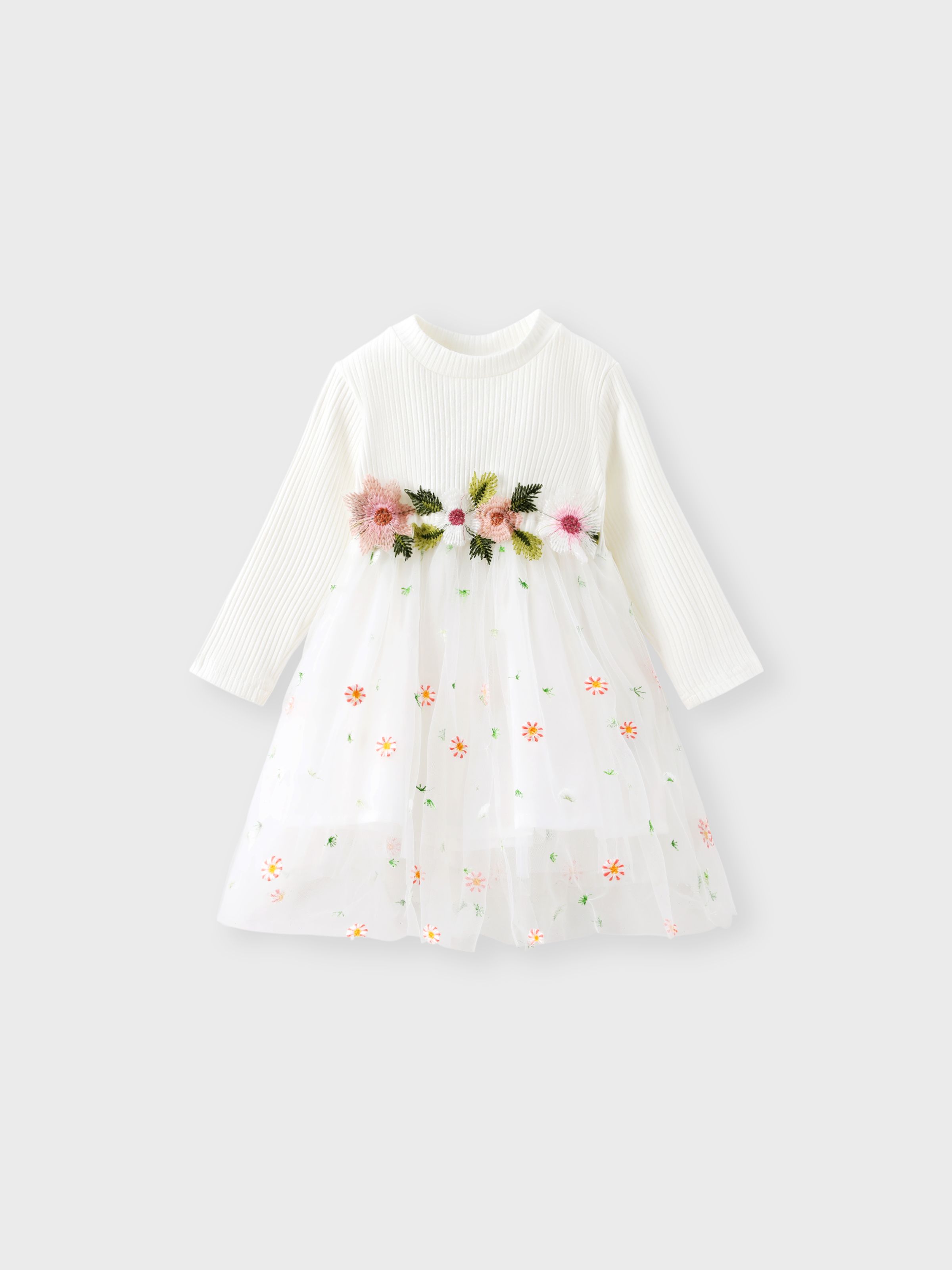 

Baby Girl White Ribbed Long-sleeve Splicing Floral Embroidered Mesh Fairy Dress