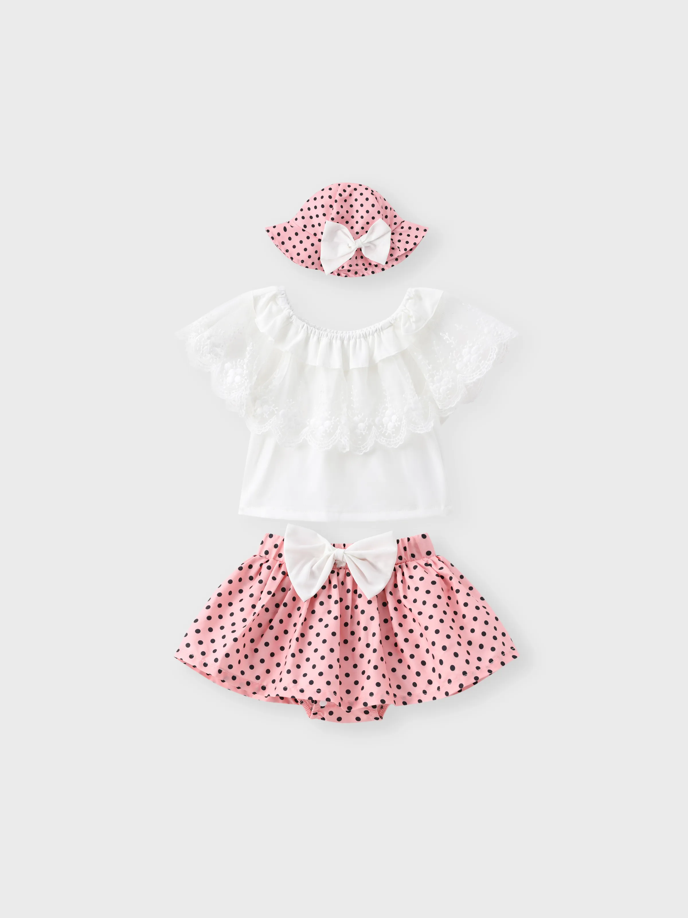 

3pcs Baby Girl Lace Top and Allover Polka Dots Bow Decor Skirt and Hat Set