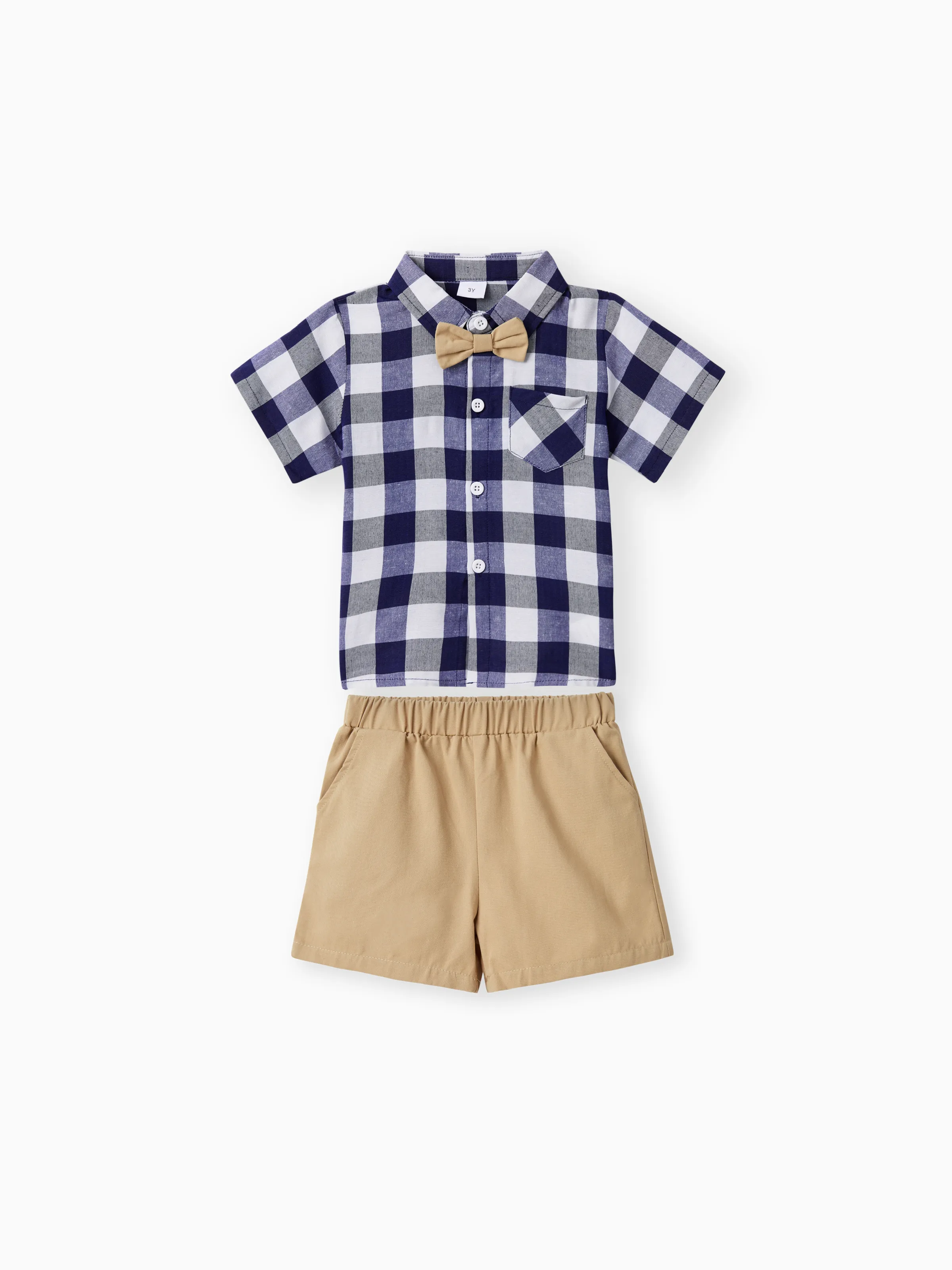 2pcs Toddler Boy Casual Plaid Shirt & Khaki Shorts Set