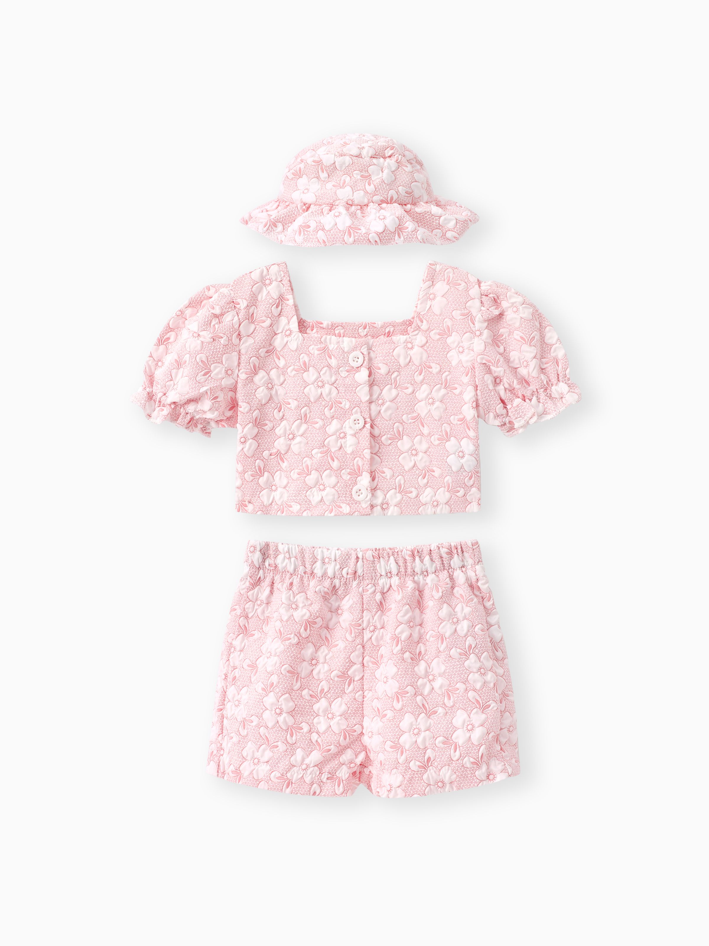 

3pcs Baby Girl Sweet Pink Bubble Sleeve Shorts and Hat Set