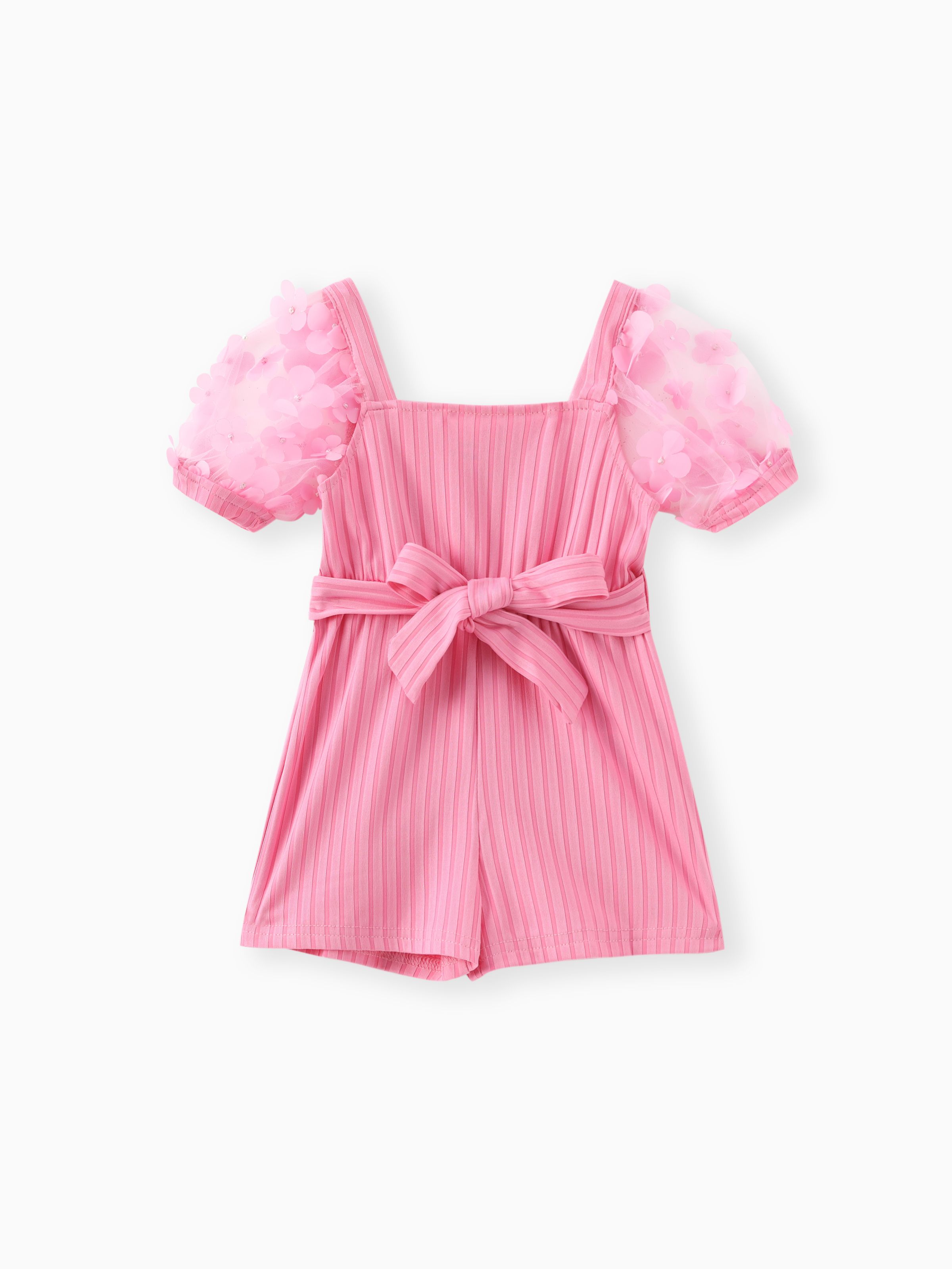 

Baby Girl Pink Beaded Floral Applique Puff-sleeve Ribbed Belted Romper