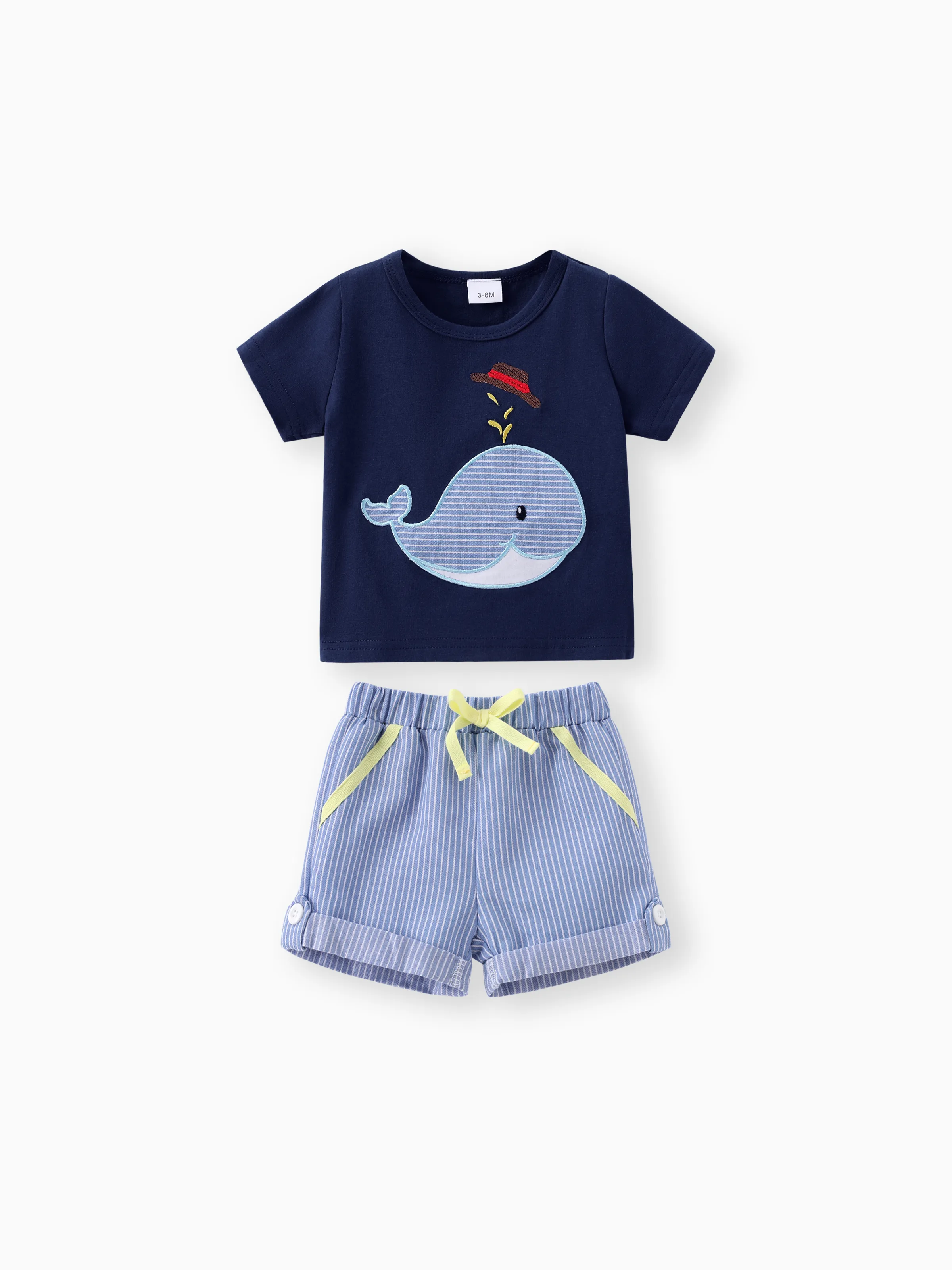 2pcs Baby Boy Whale Pattern Embroidery Short Sleeve Set