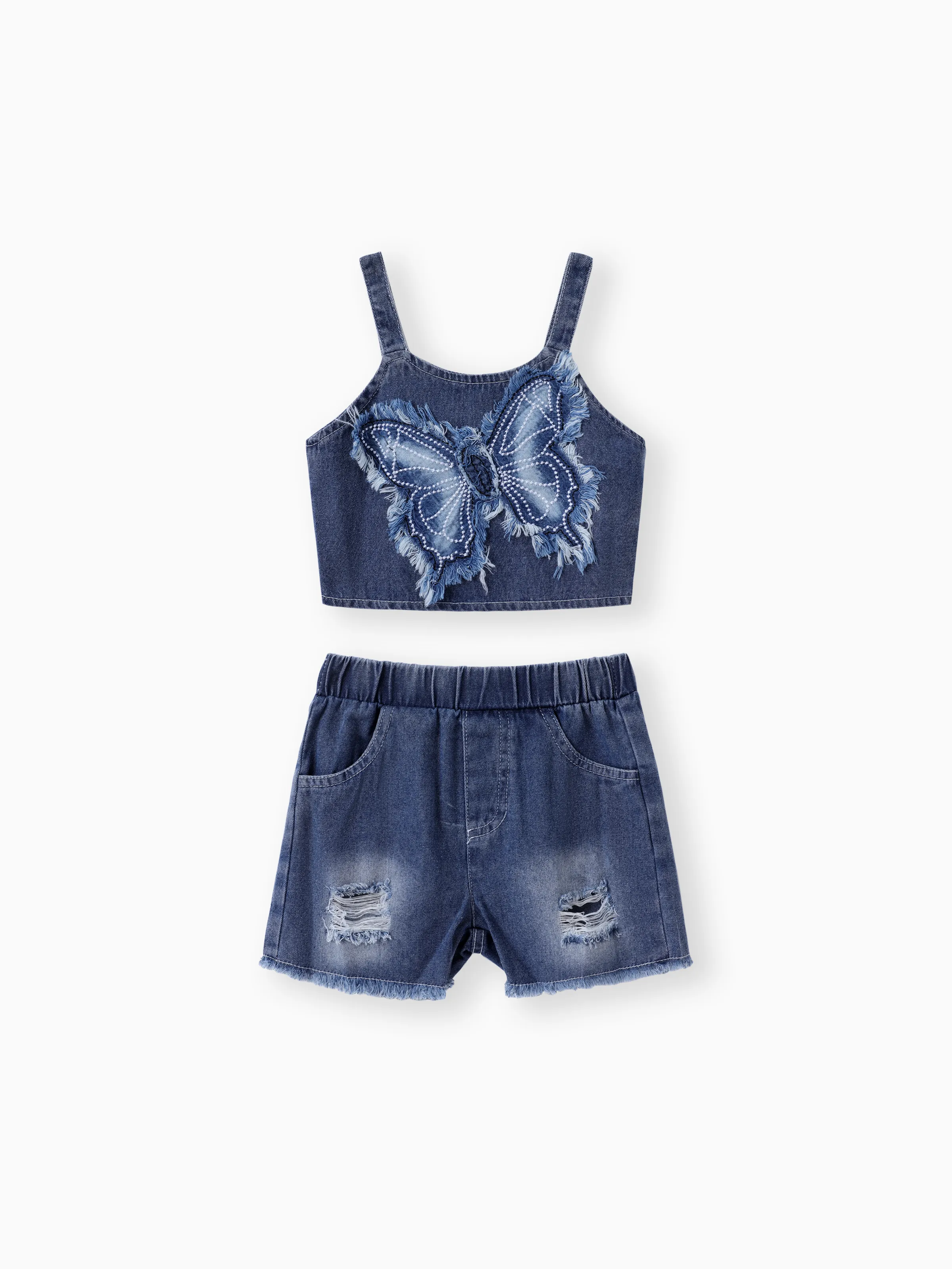 

Toddler Girl 2pcs Denim Butterfly Embroidery Camisole and Ripped Shorts Set