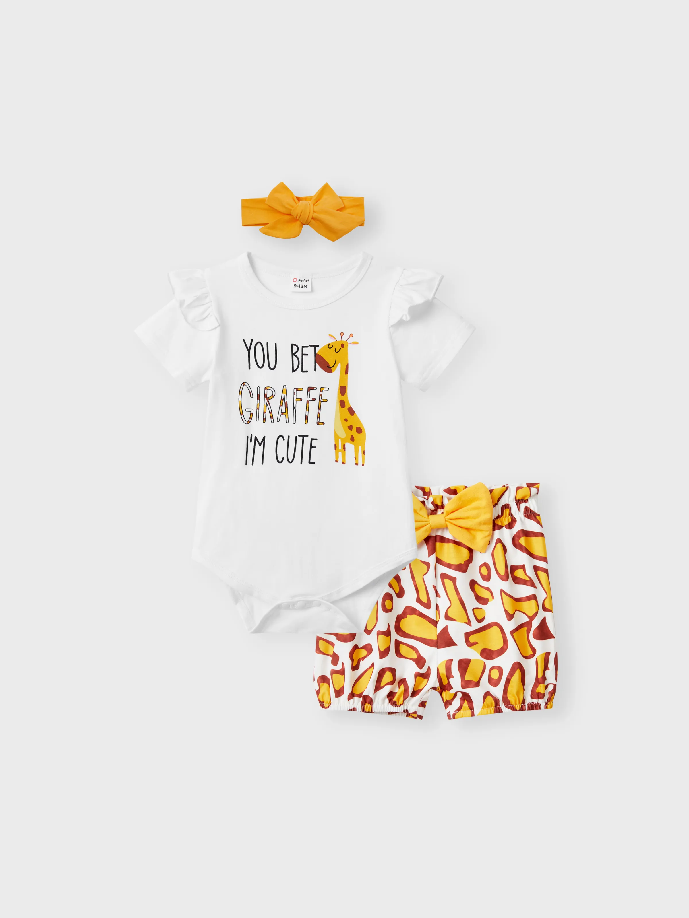 

3pcs Baby Girl 95% Cotton Ruffle Short-sleeve Cartoon Giraffe Letter Print Romper and Bowknot Shorts with Headband Set