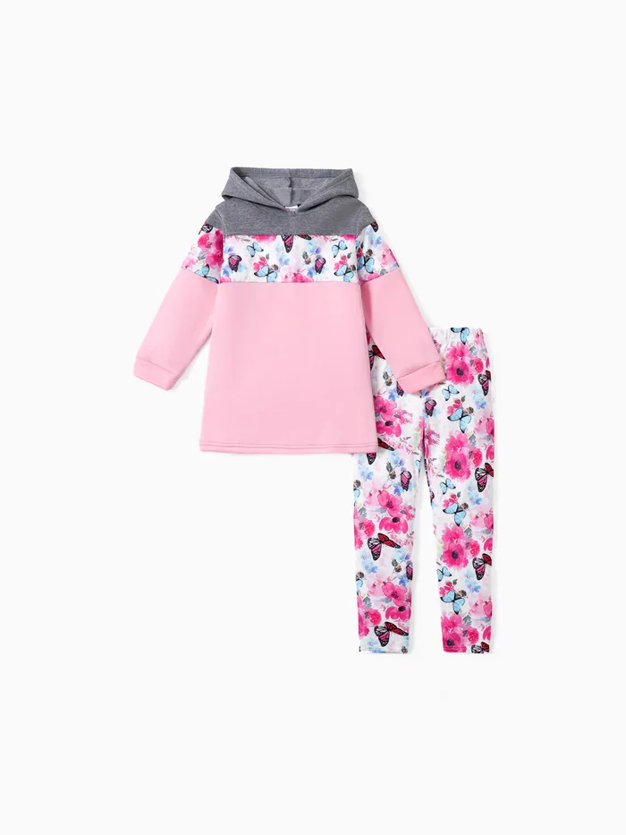 2-piece Kid Girl Floral Print Colorblock Hoodie Sweatshirt and Elasticized Pants Set