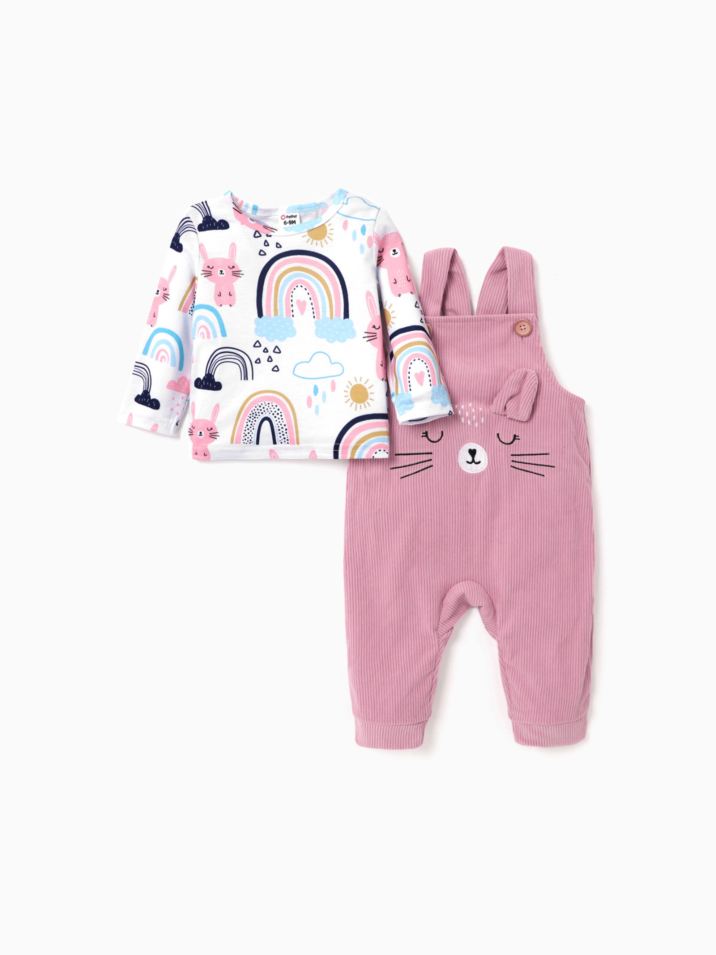 

2pcs Baby Girl Allover Cat & Rainbow Print Long-sleeve Tee and Embroidered Corduroy Overalls Set